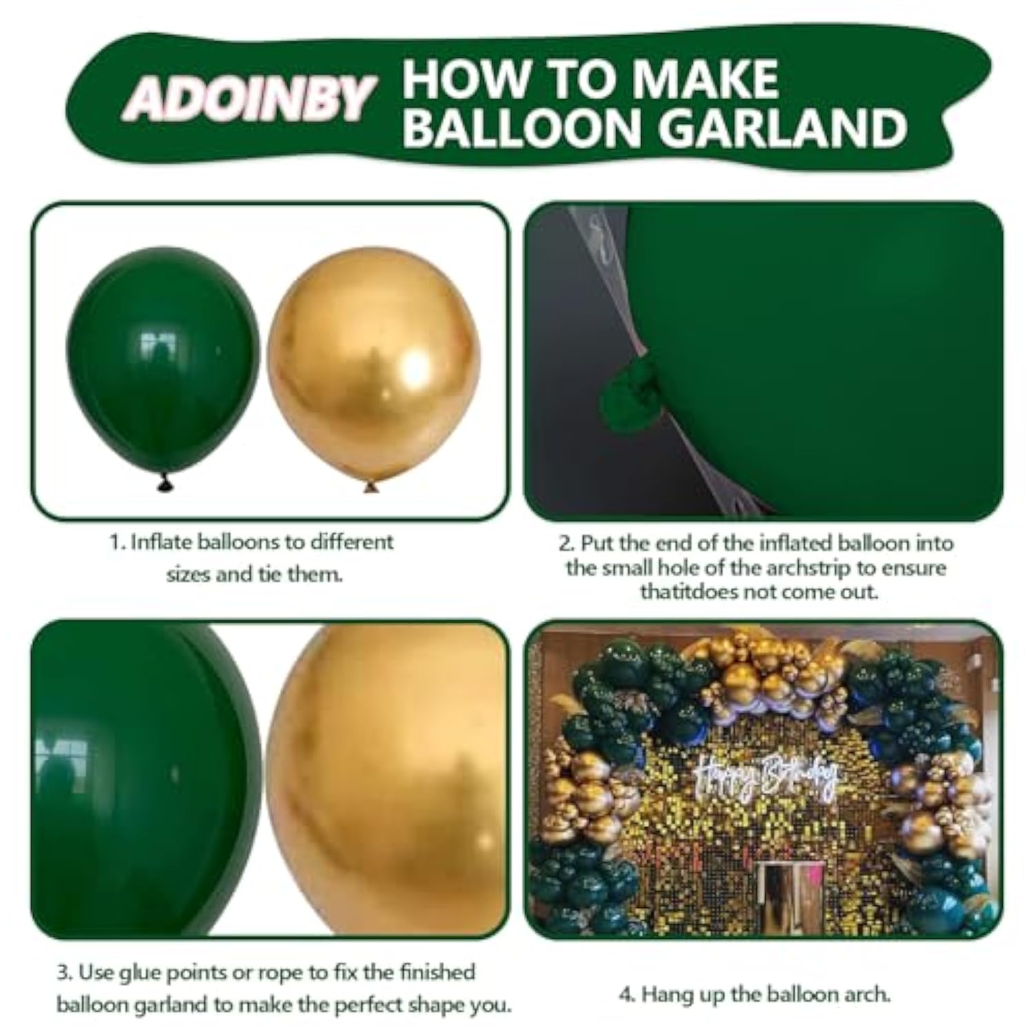 140pcs Green & Gold Balloon Garland Kit – Emerald, Forest, Hunter for Party and Event Decor