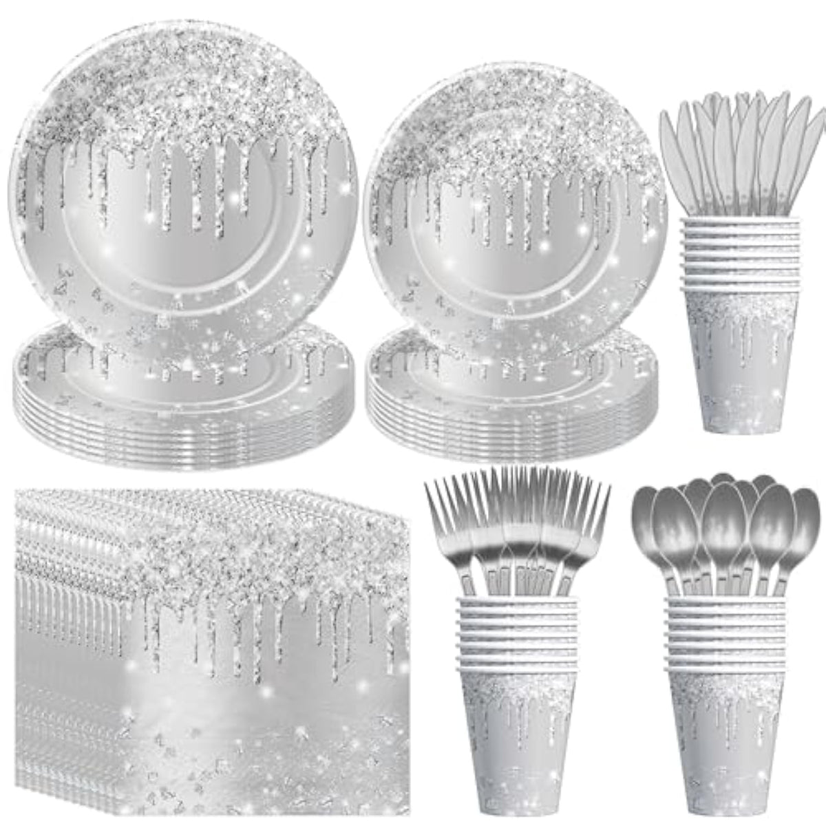 Silver Plates And Napkins Party Supplies - Decorations Tableware For Birthday Bridal Shower, Paper Plate, Napkin, Cup, Cutlery, Diamonds Glitter Table Decorations | Serve 24