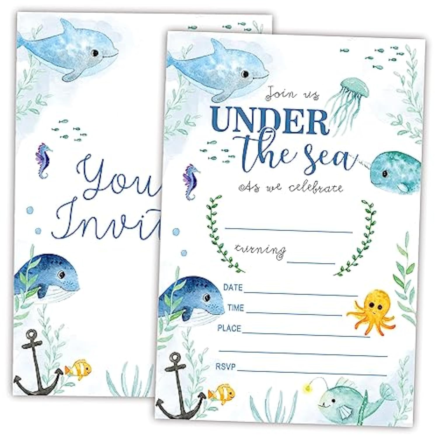Under The Sea Birthday Invitations, Ocean Animals Double-Sided Fill-In Invite Cards For Birthday Party?Boys, Girls, Kids,Teen, 20 Invitations With Envelopes, Decorations,Party Favor And Supply-A16