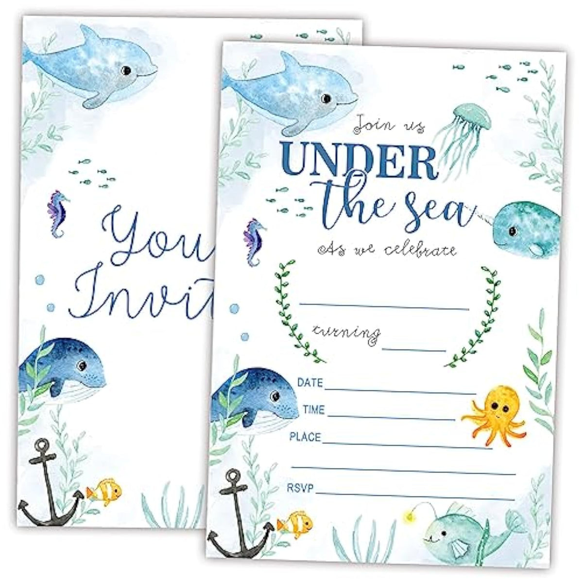Under The Sea Birthday Invitations, Ocean Animals Double-Sided Fill-In Invite Cards For Birthday Party?Boys, Girls, Kids,Teen, 20 Invitations With Envelopes, Decorations,Party Favor And Supply-A16