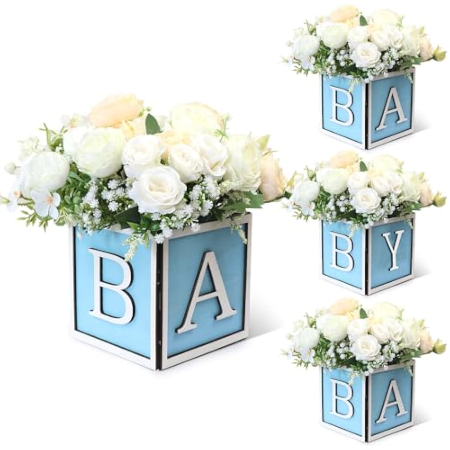 4 Set Baby Shower Centerpieces For Tables - 6 Inch Wooden Boxes With Baby Letters Rustic Cube Planter Wood Blocks For Boy Girl Gender Reveal Party Favor (Blue)