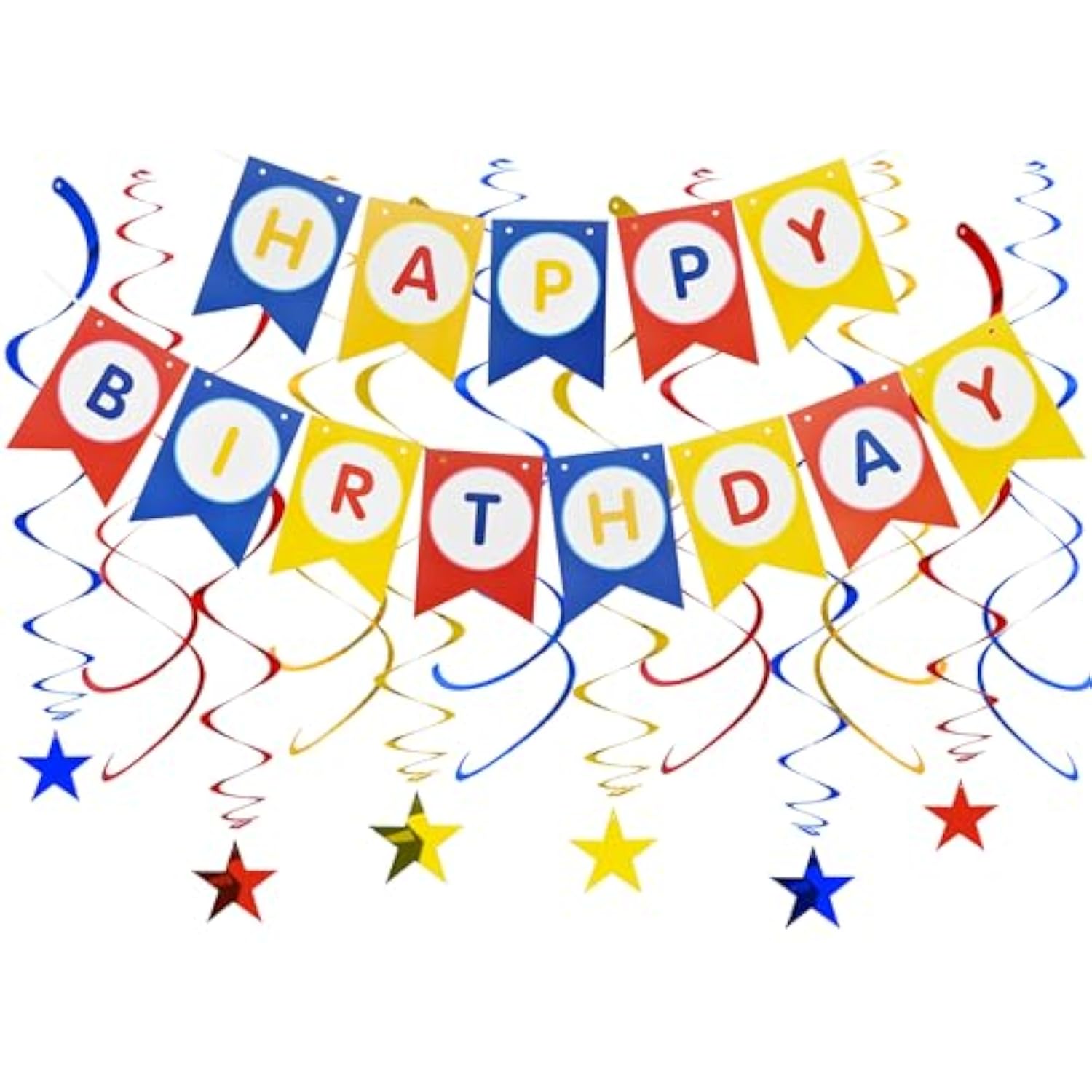 Happy Birthday Banner With 12Pcs Stars Hanging Swirls Garland Party Decorations Sets For Kids Girls Birthday Party Supplies