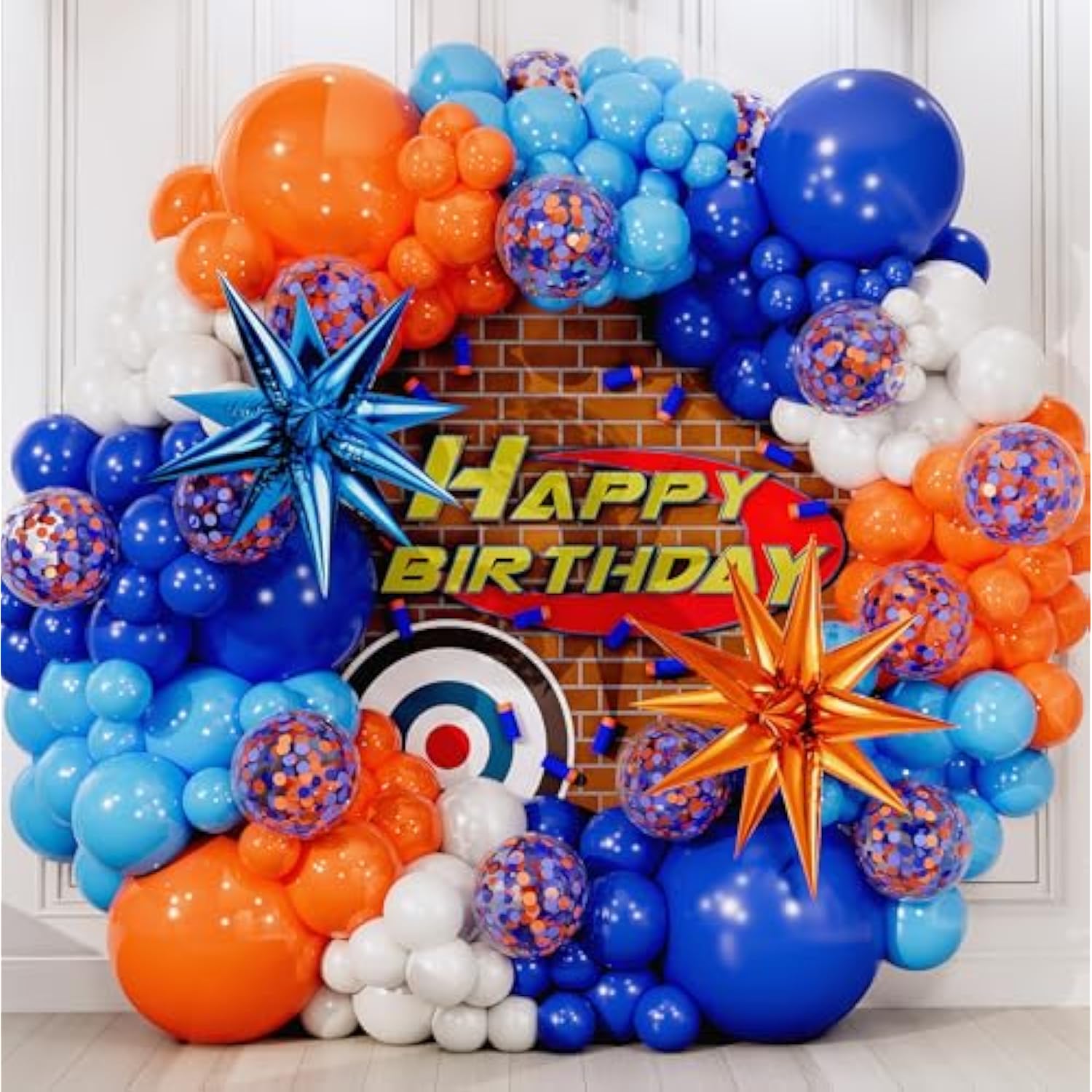 All-in-One Orange Blue White Balloon Garland Kit – Party Decor for Nerf, Blippi, or Birthday