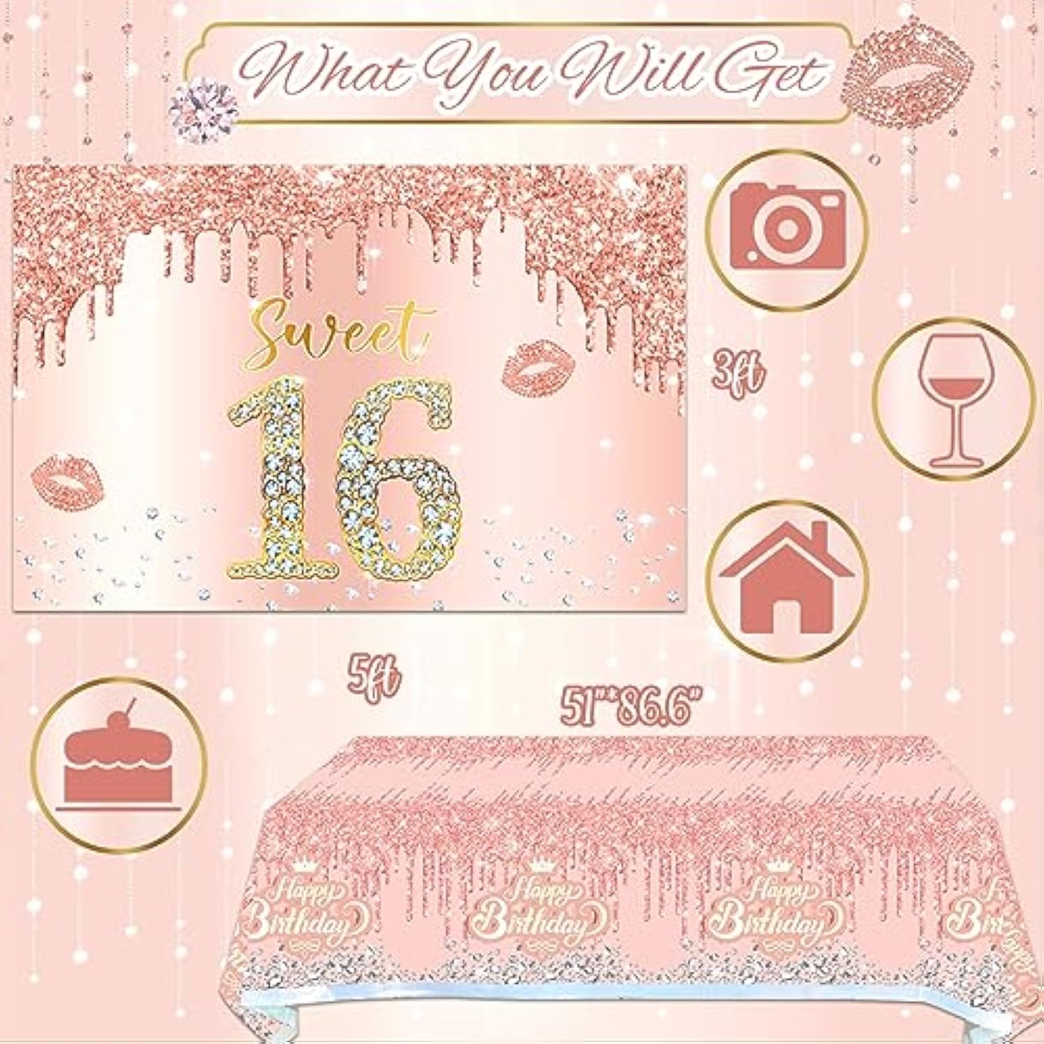 Rose Gold Sweet 16 Decor Set with Sash, Backdrop, Balloons & Cake Topper