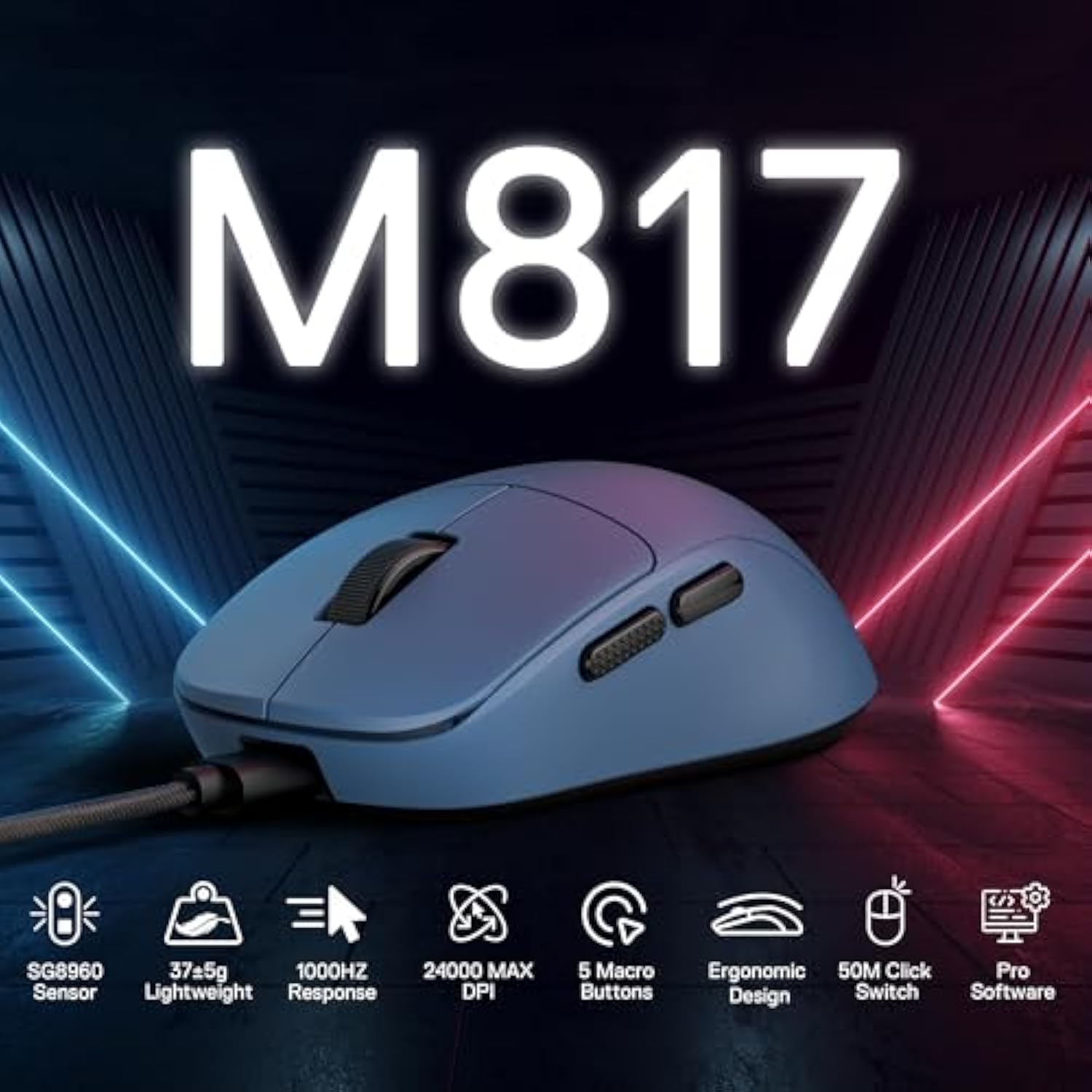 Redragon M817 Wired Gaming Mouse, 24000 DPI Optical Mice with 5 Programmable Buttons & Ergonomic Design, 37G Ultra Lightweight, Software Supports DIY Keybinds, Blue
