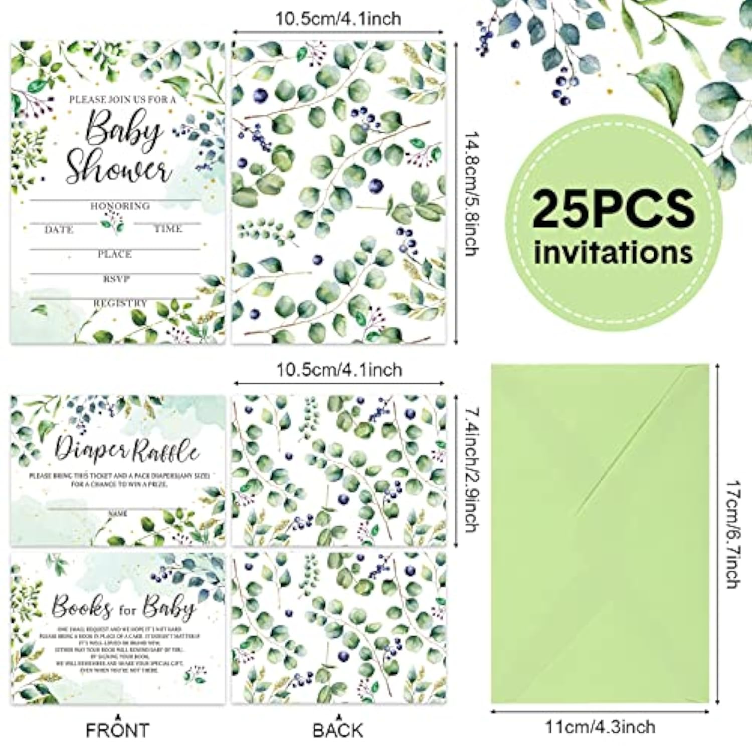 25 Sets Greenery Baby Shower Invitations, Diaper Raffle Tickets, Baby Shower Book Request Cards With Envelopes For Neutral, Gender Reveal Party Decorations