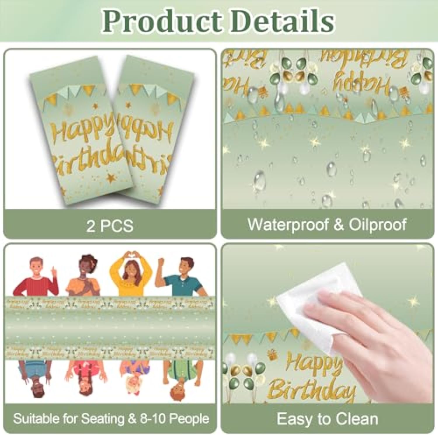 2Pcs Sage Green Birthday Tablecloth Decorations For Women Girls, Light Green Happy Birthday Table Cover Party Supplies, 13Th 16Th 21St 30Th 40Th 50Th Bday Plastic Disposable Rectangular Table Cloth