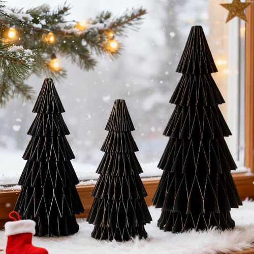3PCS Paper Christmas Tree, Christmas Honeycomb Centerpiece, Honeycomb Paper Tree, 8 & 10 & 12 Inch with Black Gold Glitter Edge, Christmas Table Decor for Xmas Home