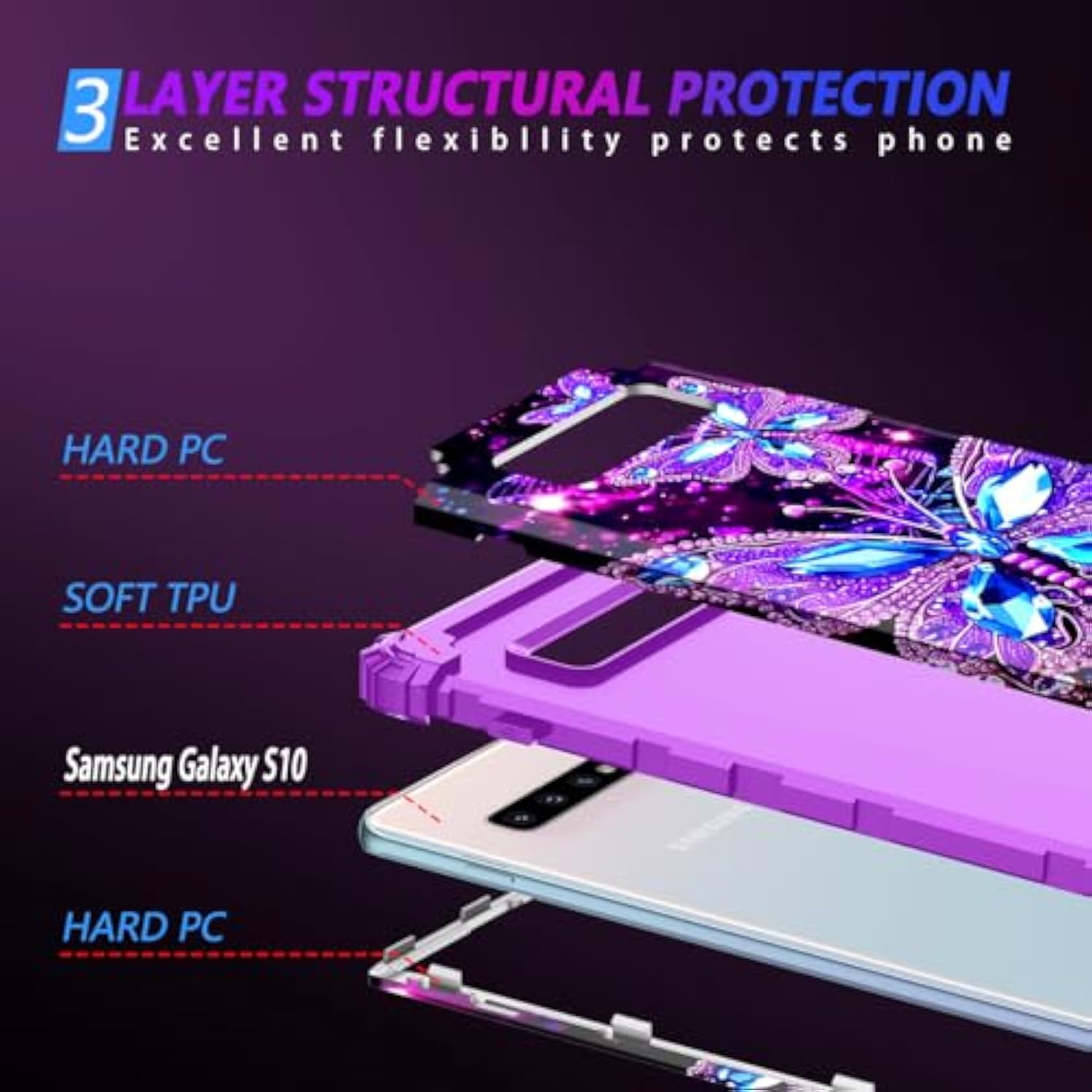 Compatible With Galaxy S10 Case,Glow In The Dark Three Layer Heavy Duty Sturdy Shockproof Full Body Protective Cover Case For Samsung Galaxy S10,All Butterfly
