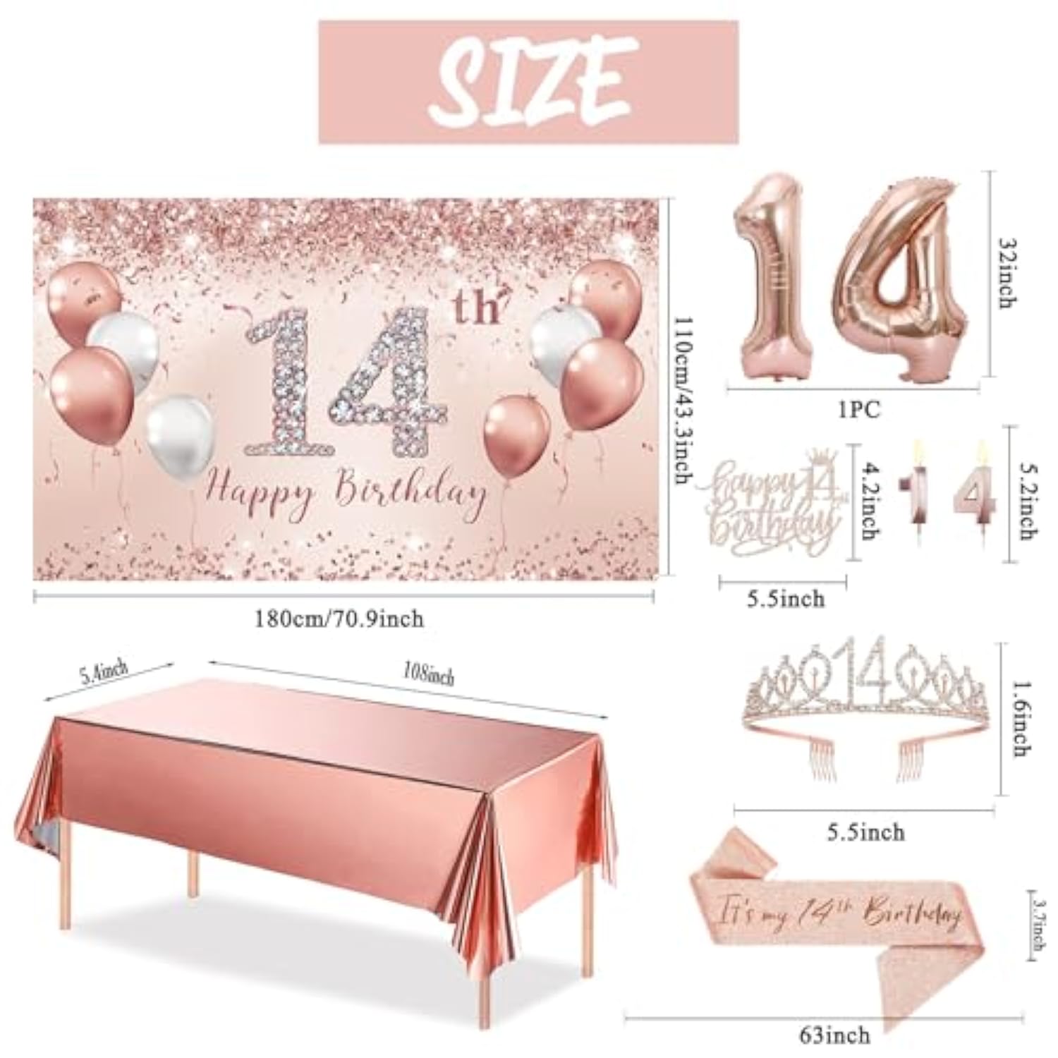 14Th Birthday Decorations Party Set For Girls, Rose Gold 14 Birthday Banner And Tablecloth, 14 & Fabulous Sash And Tiara, 1Pc Happy 14Th Birthday Cake Topper, Pink Gold 14 Number Balloons
