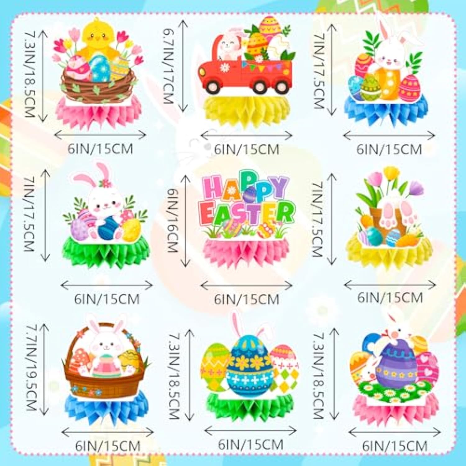 9Pcs Happy Easter Honeycomb Decorations, 3D Easter Table Decorations Spring Honeycomb Centerpiece For Table Decorations Bunny Easter Egg Centerpieces Decor For Easter Party Family Gathering