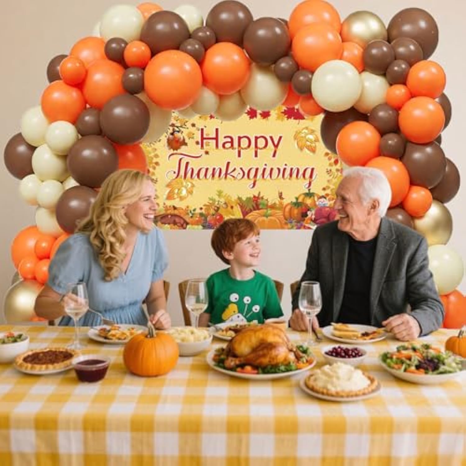 Thanksgiving Balloon Arch Kit Orange Gold Brown Sand Balloons with Happy Thanksgiving Backdrop Party