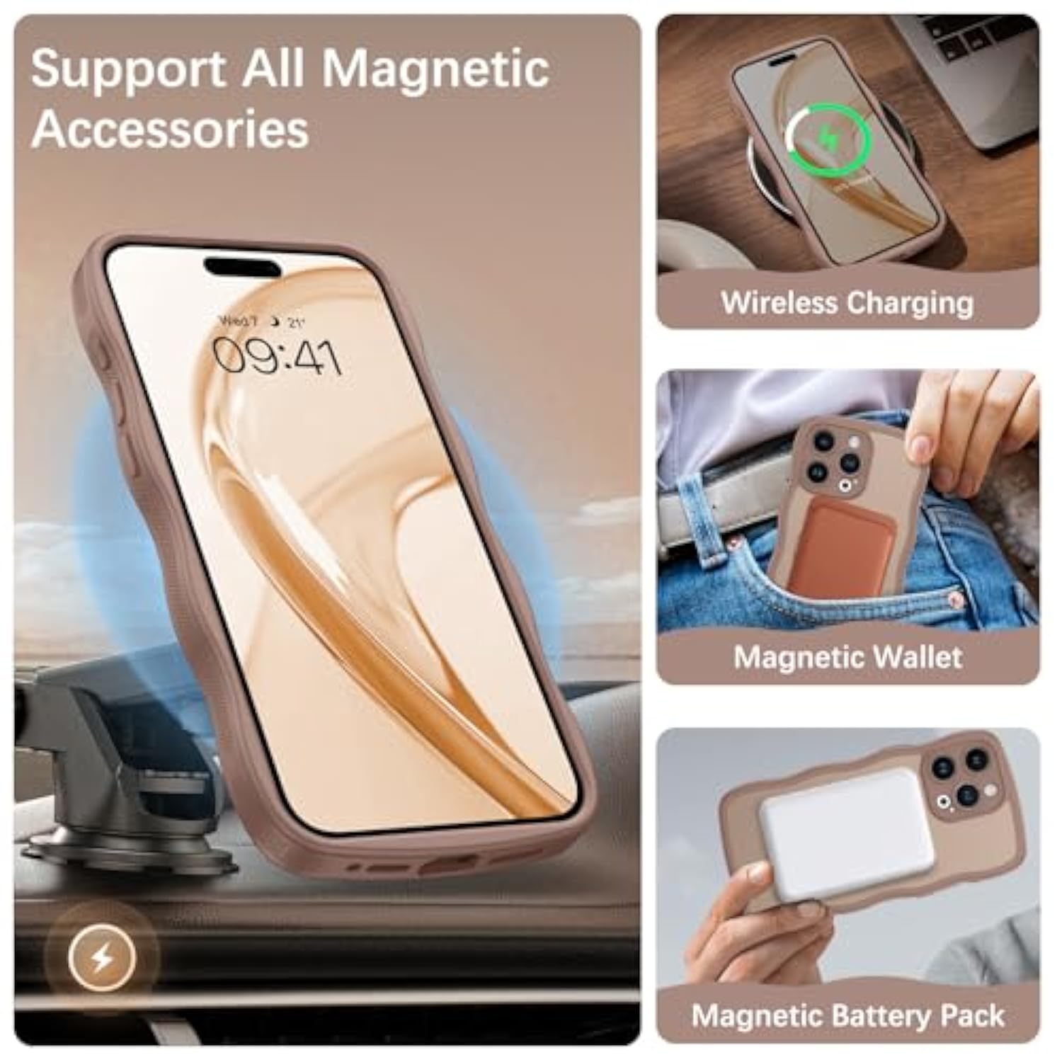 Iphone 15 Pro Max Case,Magnetic Slim Magsafe Curly Wave Edge Translucent Matte Back Foldable Ring Holder Kickstand Shockproof Protective Phone Cover For Iphone 15 Pro Max 6.7", Desert Titanium