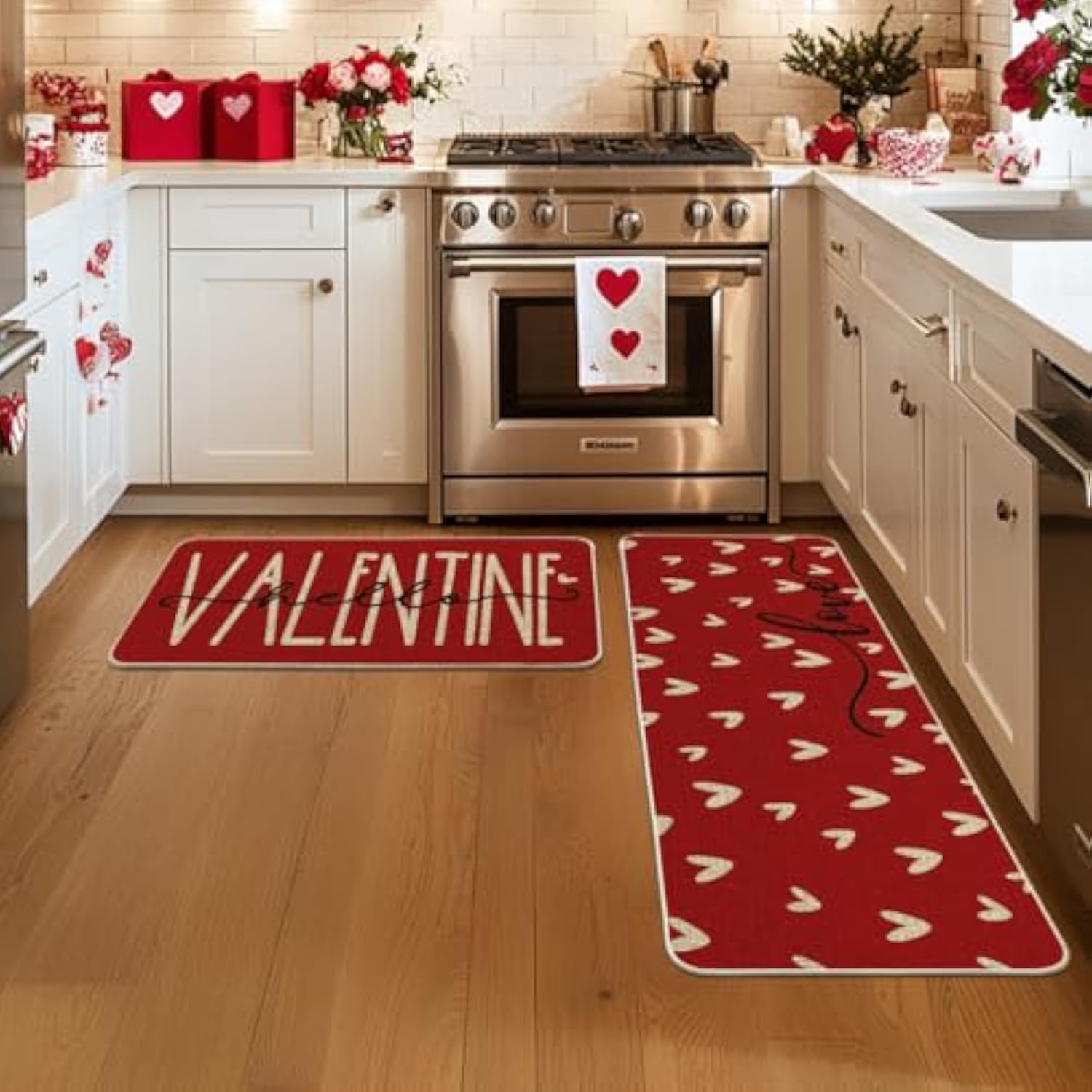 Red Love Heart Hello Valentine'S Kitchen Mats Set Of 2, Home Decor Low-Profile Kitchen Rugs For Floor - 17X29 And 17X47 Inch