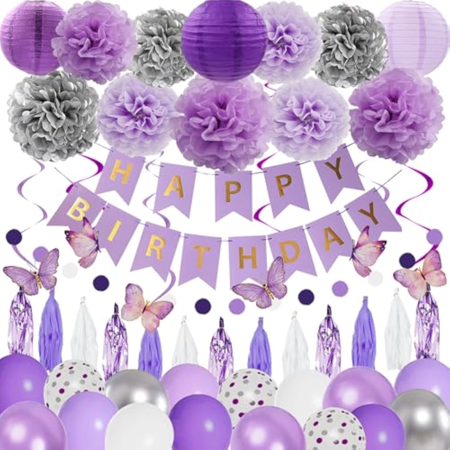 72PCS Purple Birthday Decorations Lavender Silver Balloons Banner Lanterns Swirls for Party