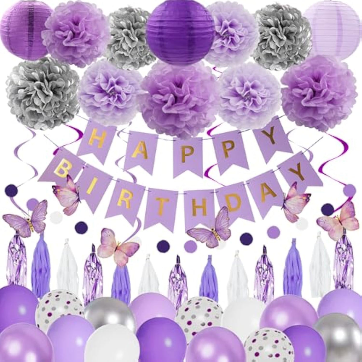 72PCS Purple Birthday Decorations Lavender Silver Balloons Banner Lanterns Swirls for Party