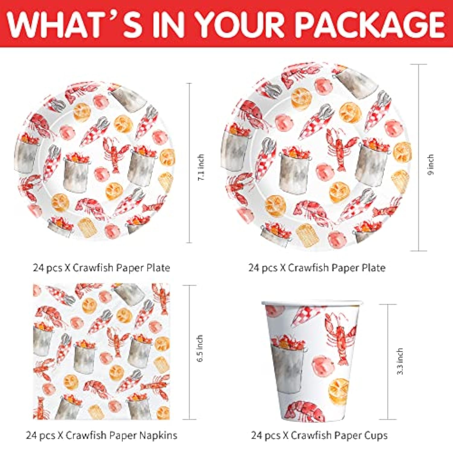 Crawfish Boil Party Supplies – Seafood Theme Tableware Set for 24, Includes Plates, Cups & More