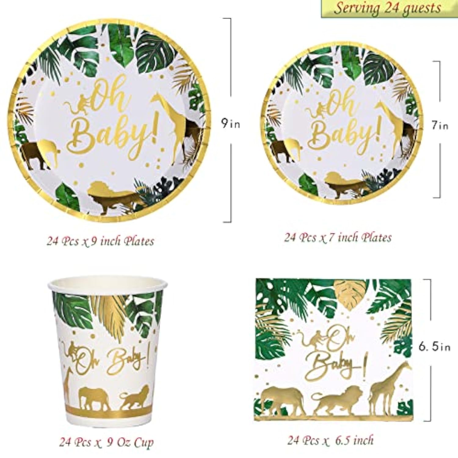 96 Pcs Jungle Safari Baby Shower Decorations Tableware Set, Oh Baby Paper Plates Cups And Napkins For Baby Shower And Birthday Party, Serves 24
