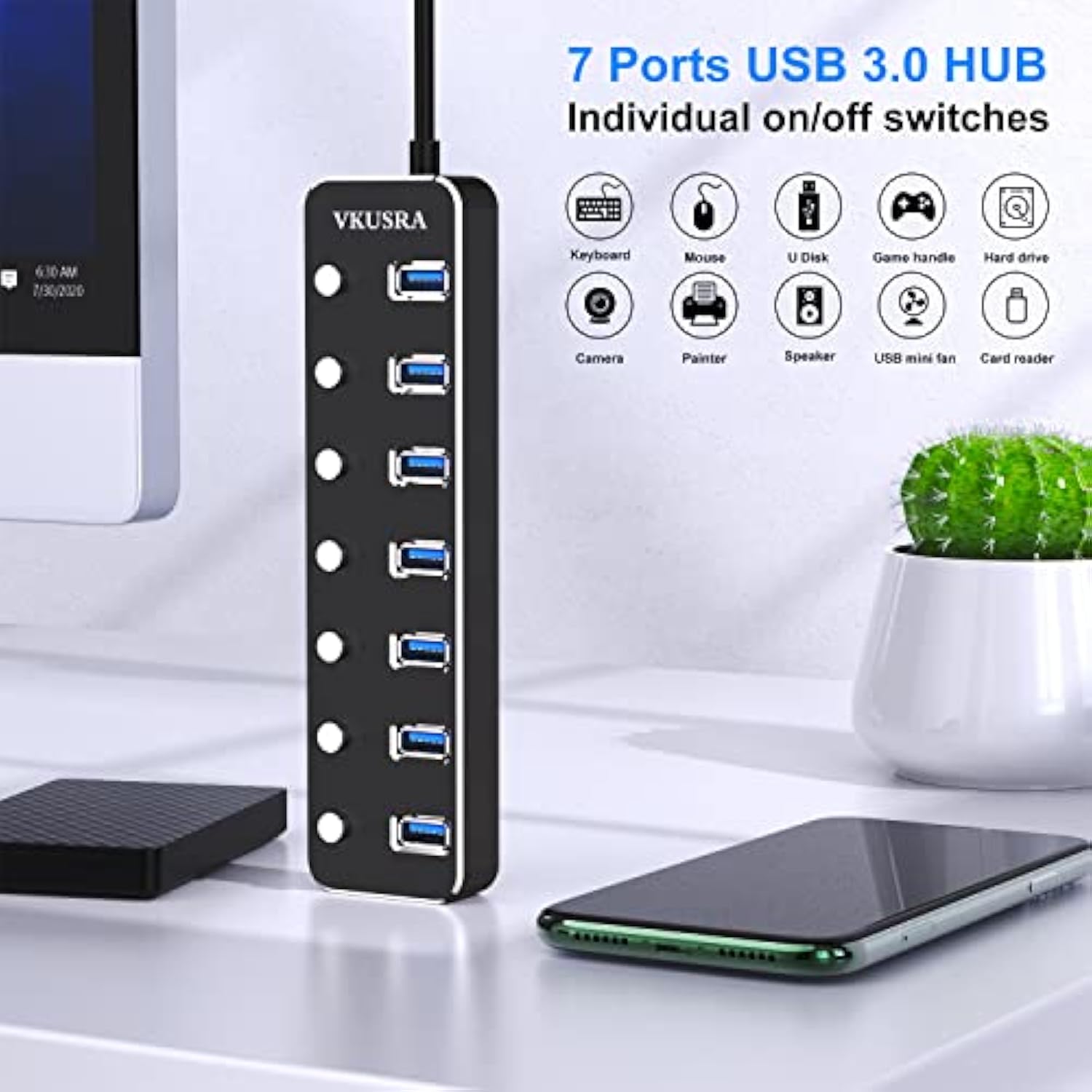 Usb Hub, 7 Port Usb Hub 3.0 With 4Ft Usb Long Cable Multiple Port,Individual U