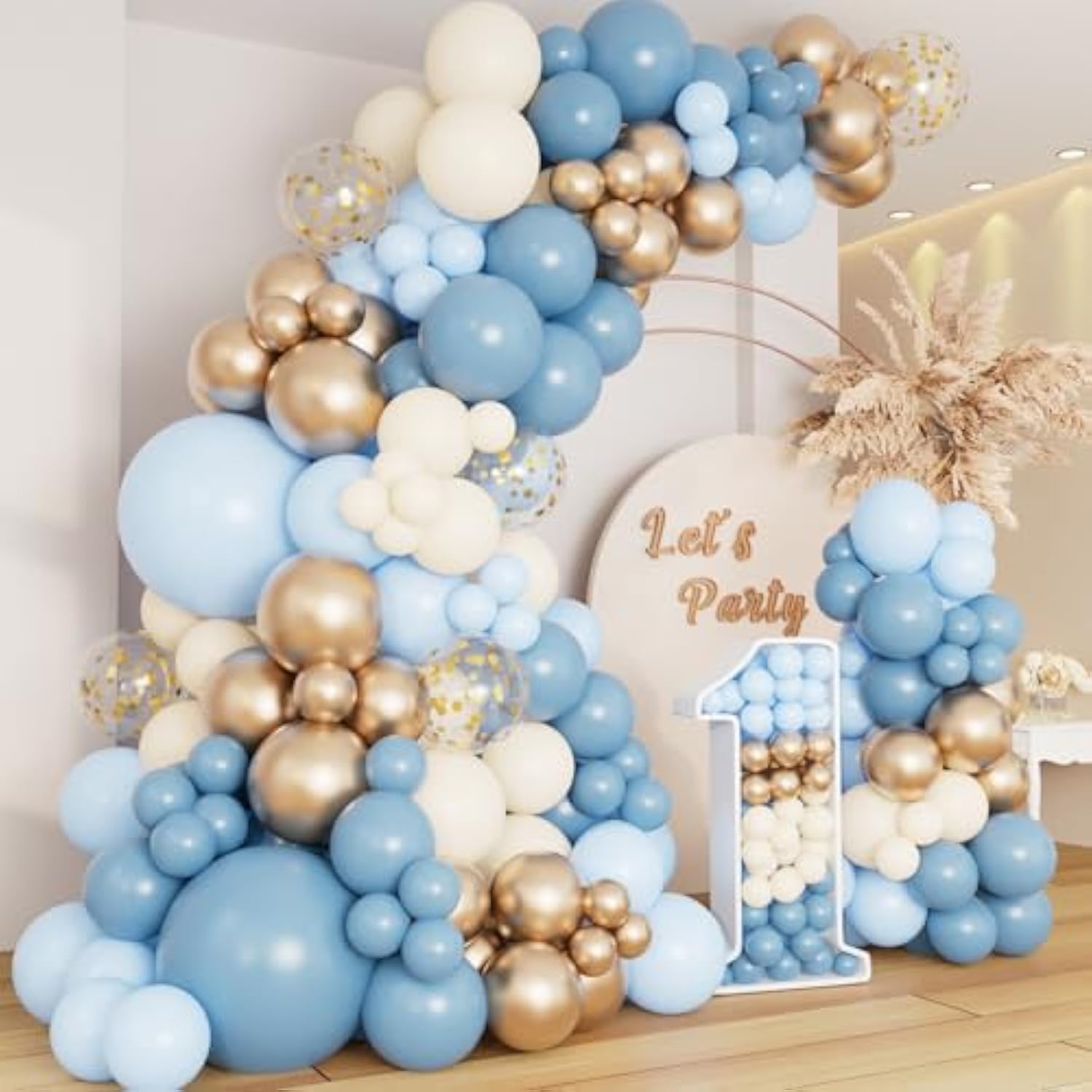 Dusty Baby Blue Balloon Arch Garland Kit, Different Sizes 18 12 10 5 Inch Pastel Baby Blue Slate Fog Ivory White Metallic Gold Balloons For Men Boy Baby Shower Birthday Wedding Party Supplies