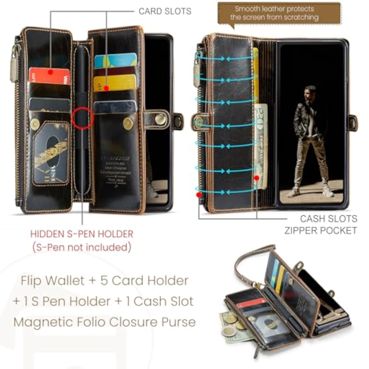 Wallet Case Compatible With Samsung Galaxy Z Fold 5 With Rfid Blocking Card Holder & S Pen Holder Slot Pu Leather Magnetic Snap Flip Zipper Strap Phone Case Fit For Galaxy Z Fold 5, Coffee