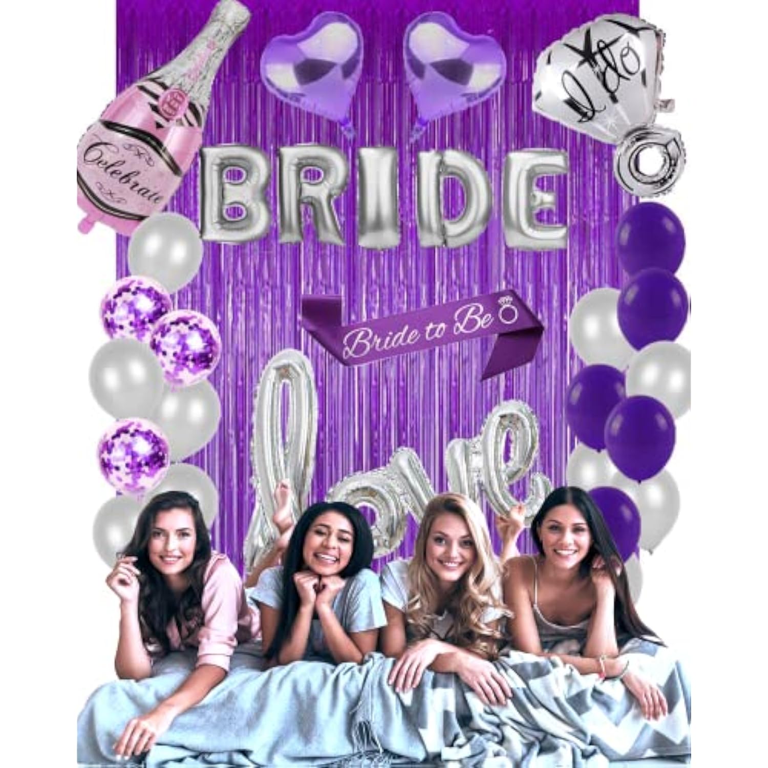 28Pc Bachelorette Party Decorations Kit For Bride To Be, Bridal Shower Decorations, Engagement Party – Balloons, Sash, Foil Backdrop Curtain (Purple)