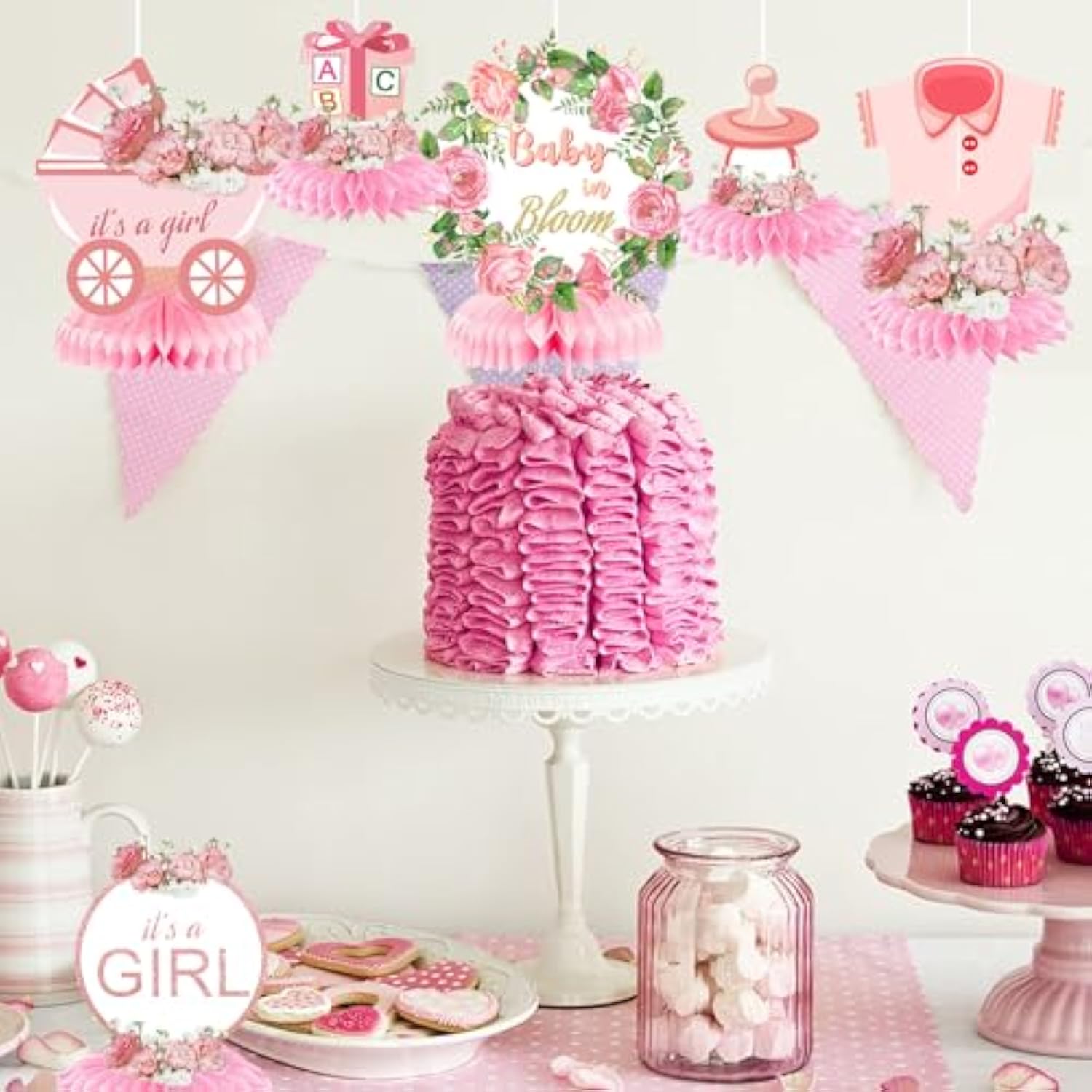 12 Pcs Baby Shower Honeycomb Centerpieces For Girl, Floral Party Table
