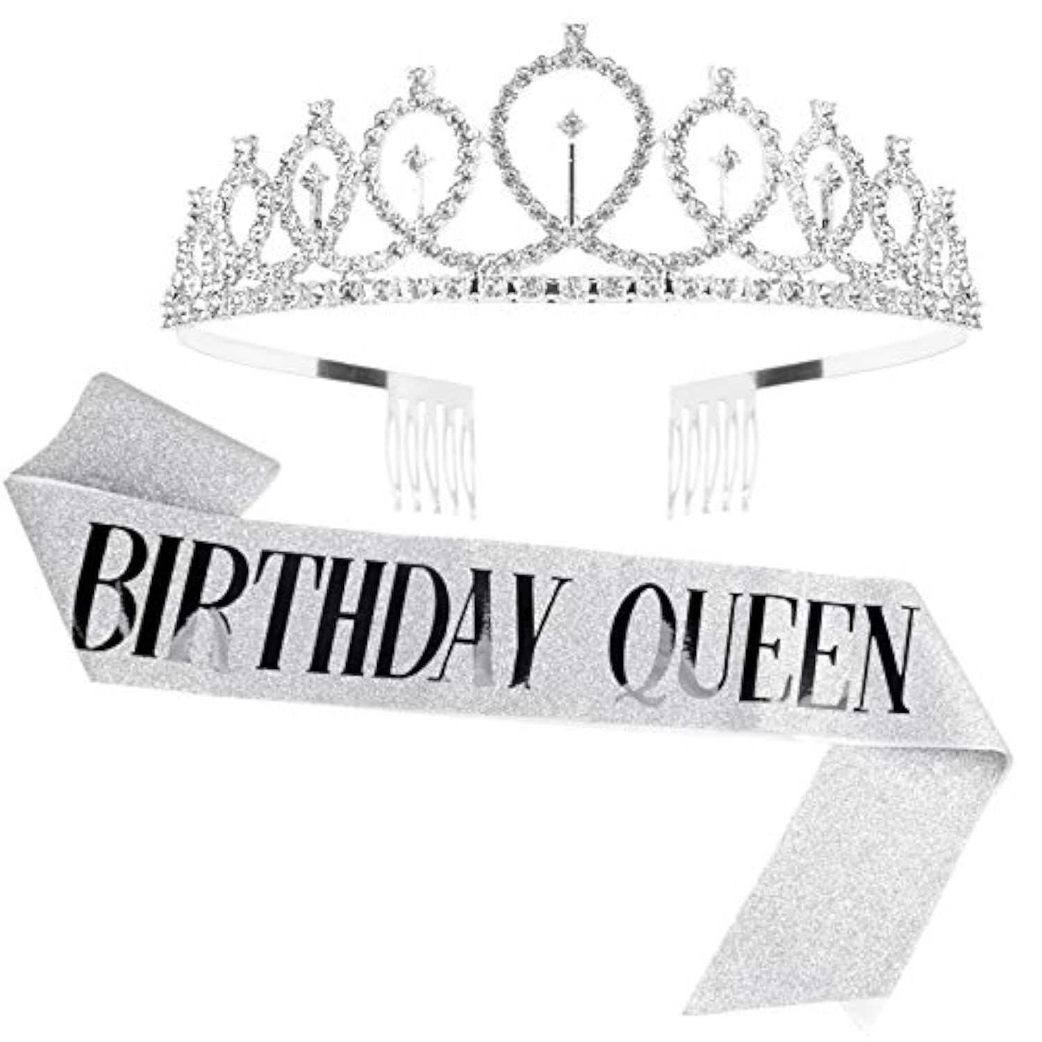 'Birthday Queen' Sash & Rhinestone Tiara Set - Silver Birthday Tiaras And Sash Party Favors For Women