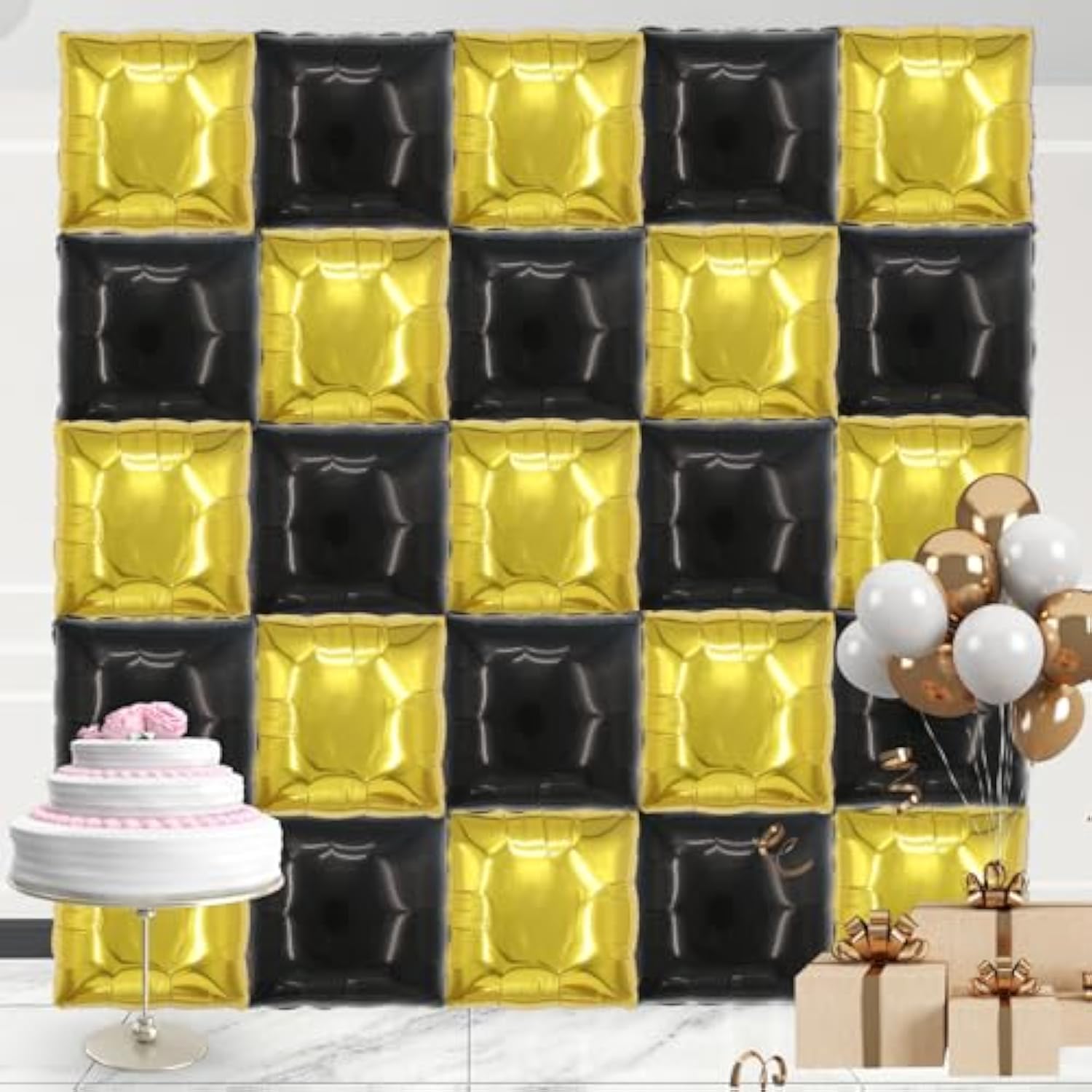 Square Aluminum Foil Balloon Wall Backdrop, 25 Pieces Gold And Black Double-Sided Balloon Arch Kit, Suitable For Theme Parties, Weddings, Anniversaries And Other Celebration Decorations