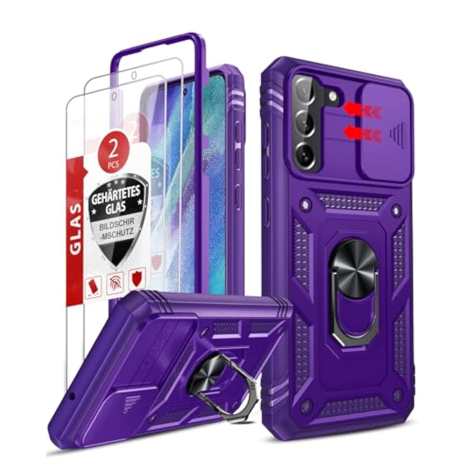 For Galaxy S21-Fe 5G Case: Compatible For Samsung Galaxy S21 Fe Case With Screen Protector X 2 & Magnetic Holder Stand, Heavy Duty Protective S21Fe Phone Case Para Cell Android S 21 Fe, Purple