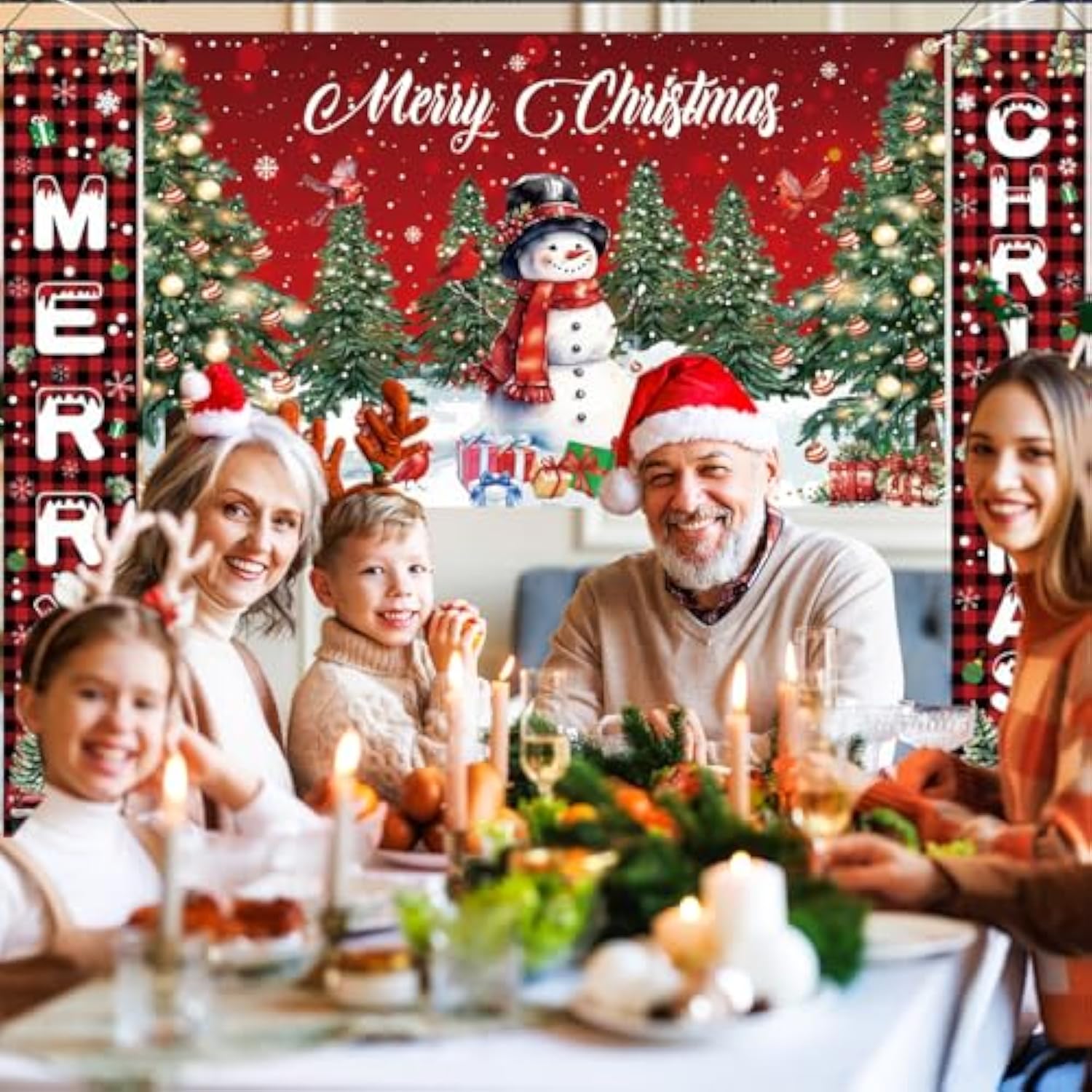 Merry Christmas Banners With 3 Pcs 71"X 43" Christmas Backdrop And Porch Signs Hanging Ribbon, Indoor & Outdoor Christmas Decorations For Home Wall/Front Door/Yard, Party, Photography