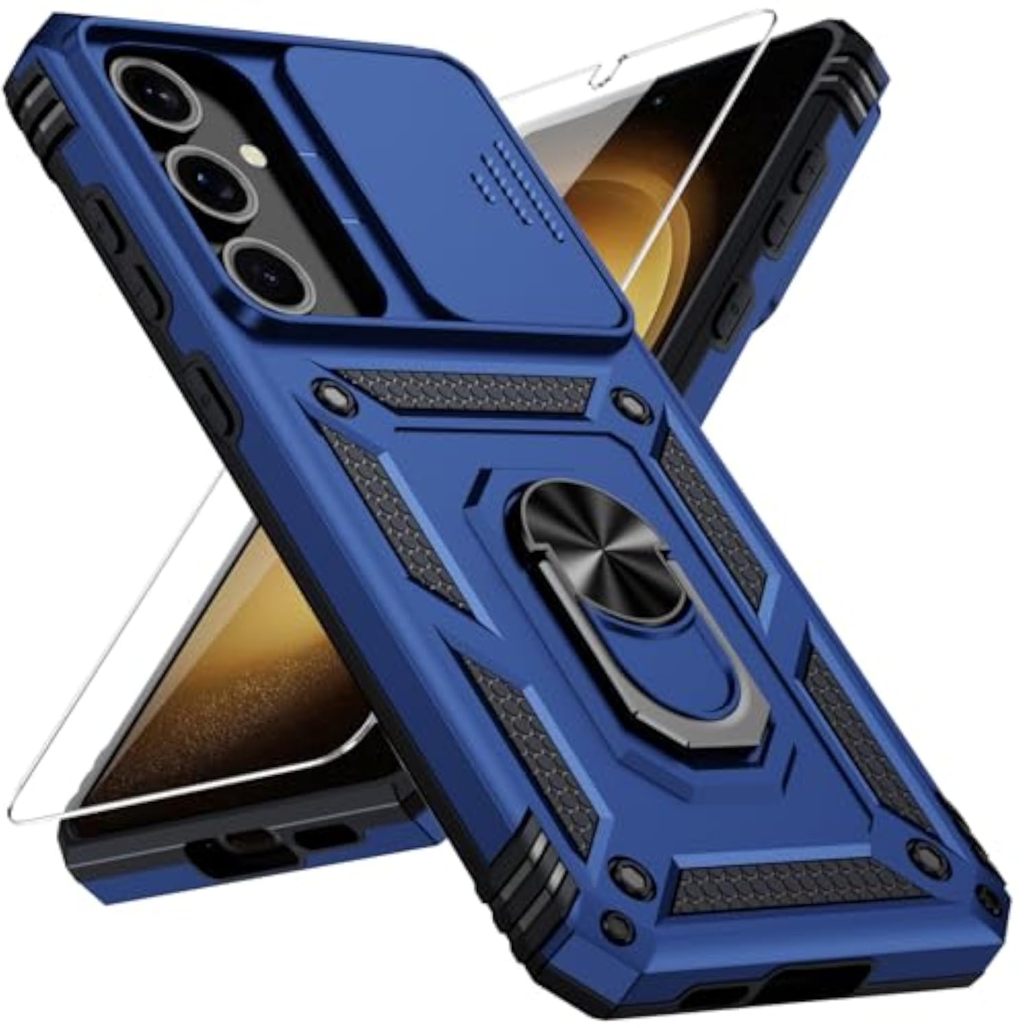 Samsung Galaxy S23 Plus Case with Camera Lens Cover, 10 FT Military Grade Drop Protection, Magnetic Ring Holder Kickstand Protective Phone Case, Navy Blue