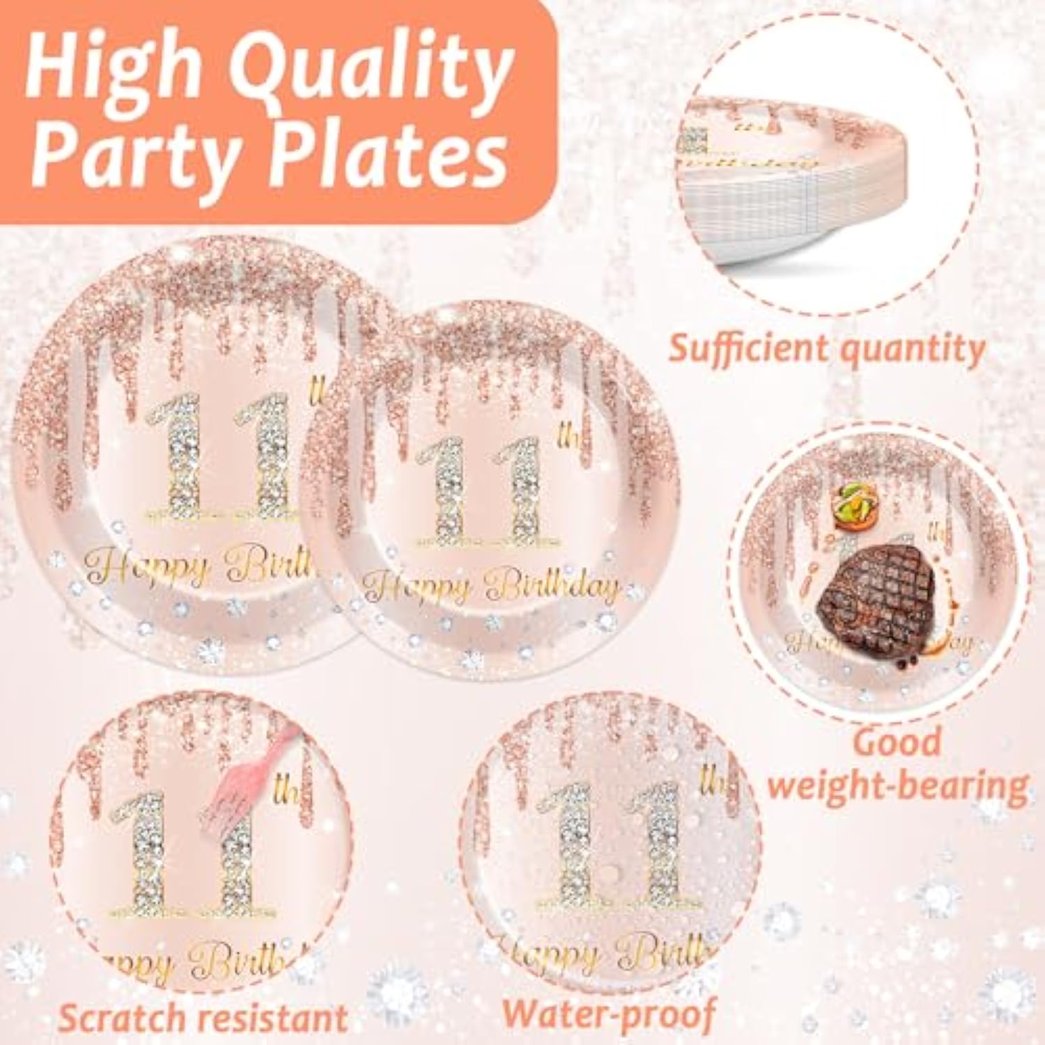 96 Pcs Rose Gold 11Th Birthday Party Decorations For Girls Happy 11 Years Birthday Paper Plates And Napkins Pink Rose Gold Party Tableware Set For 24 Guests Parties Supplies