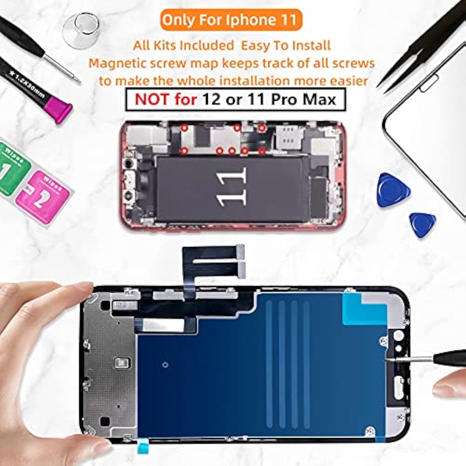 For Iphone 11 Screen Replacement 6.1 3D Touch Screen Lcd Display Digitizer For A2111, A2223, A2221 Cell Phone Repair Kits+ Waterproof Frame Adhesive Sticker+Screen Tempered Protector+Face Id