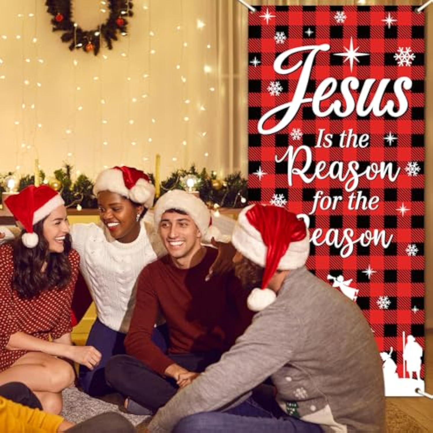 Merry Christmas Door Cover Buffalo Check Plaid Door Decoration Xmas Jesus Is The Reason For The Season Backdrop Nativity Banner Religious Sign For Winter Holiday Outdoor Wall Home Party Supplies