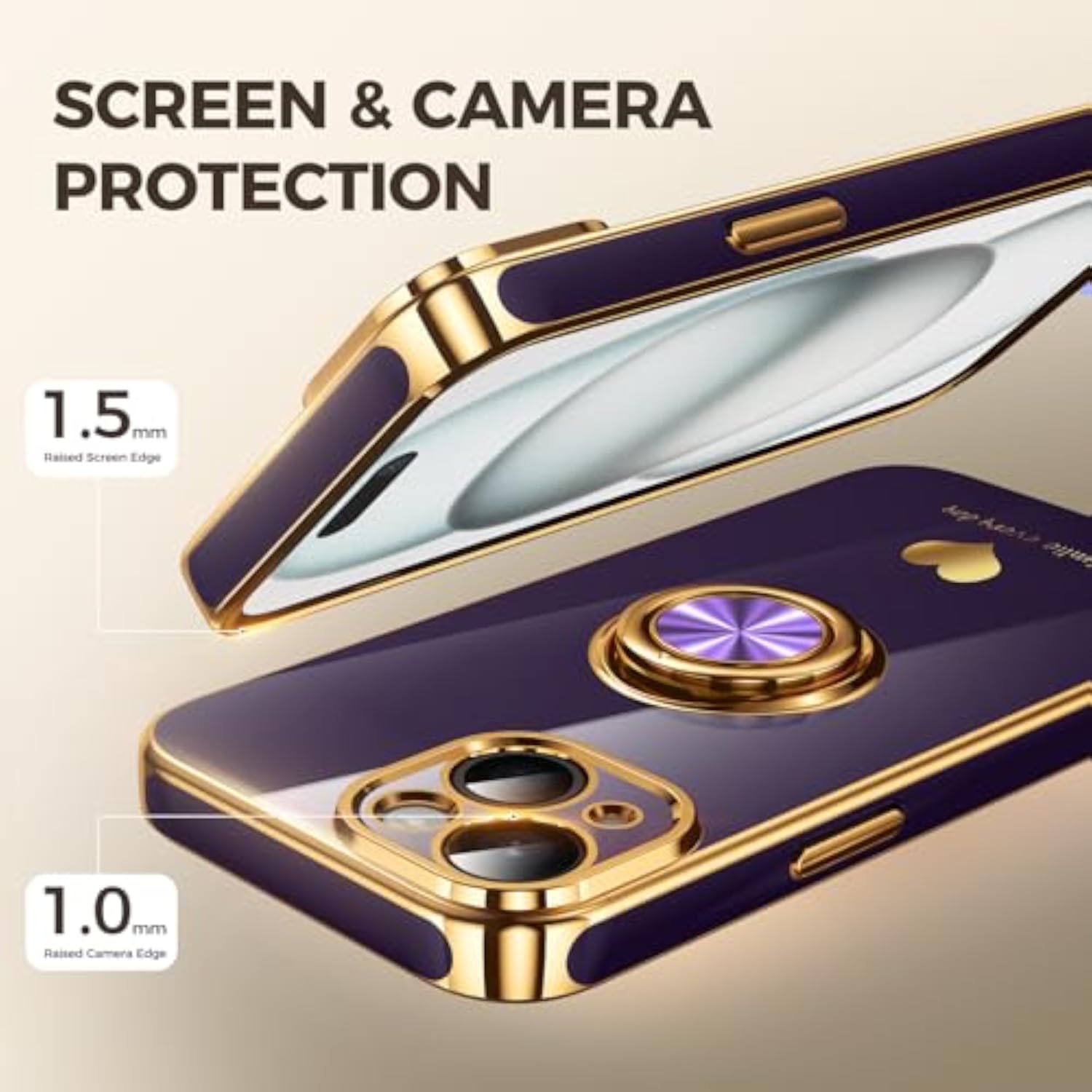 Luxury Gold Edge Slim Soft Phone Case for iPhone 15 - Purple, 2 Pack Screen Protector and 360° Rotatable Ring Holder with Hearts Pattern
