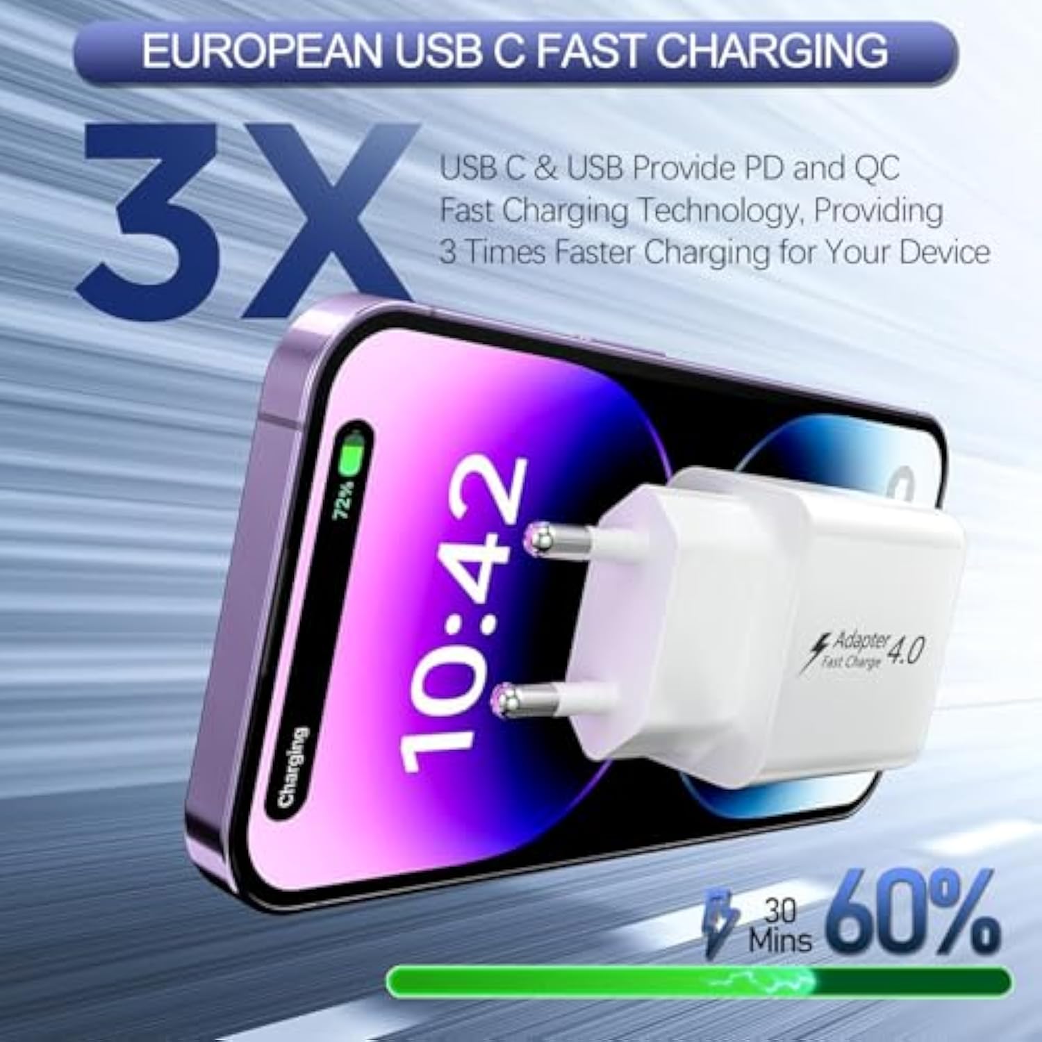 European Travel Plug Adapter, Europe Charger Pd20W Qc18W European Usb C Charger Block Us To Eu Plug Adapter Usb C Wall Charger Fast Charging Block For Iphone 16 15 14 13 12 11, Galaxy, Lg, Pixel
