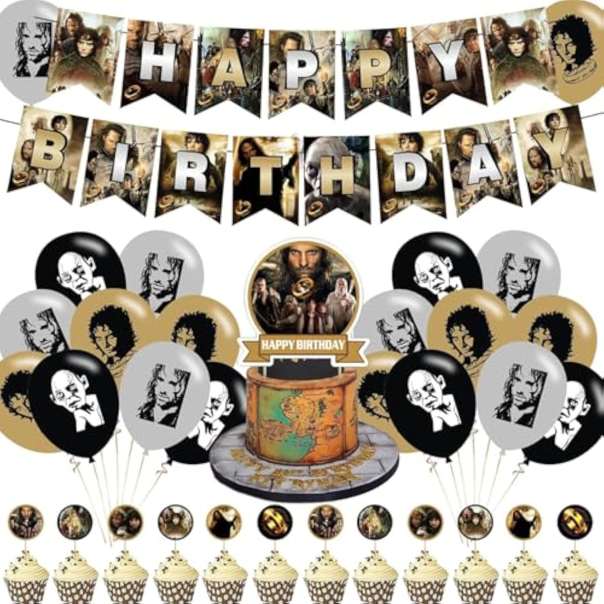 The Lord Of The Rings Party Decorations,Fellowship Of The Ring Birthday Party Supplies Includes Banner- Cake Topper - 12 Cupcake Toppers - 18 Balloons