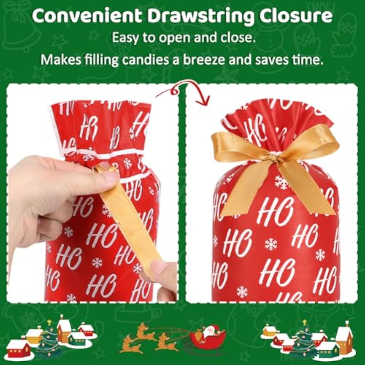 Christmas Treat Bags, 50Pcs Small Christmas Gift Bags Drawstring 5.8X9Inch Reusable Plastic Holiday Goodie Pouches For Party Favors Sweets Cookies