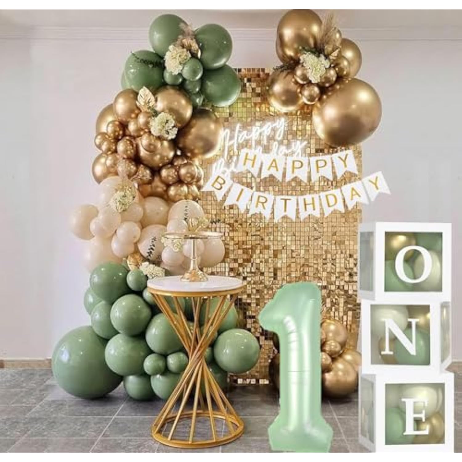 Sage One Year Old Birthday Decorations-One Balloon Box, 12 Inch Sage Green White Gold Balloons, 40 Inch Sage Number 1 Balloons And Happy Birthday Banner For Boy Girl First Birthday Decorations