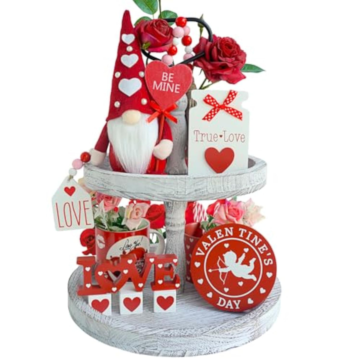 Valentines Day Tiered Tray Decor - 7 Pcs Valentines Gnomes Plush, Wood Love Signs, Wooden Beads Garland, Farmhouse Tiered Tray Decor Valentines Day Gift