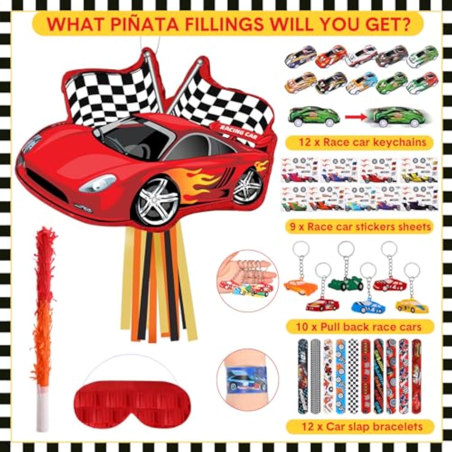 Cars Piñata Race Car Party Favors Set With Black Red Birthday Piñata Stick Blindfold Slap Bracelet Keychain Sticker Racecar Party Gifts Birthday Decorations Goodie Bag Stuffer Supplies