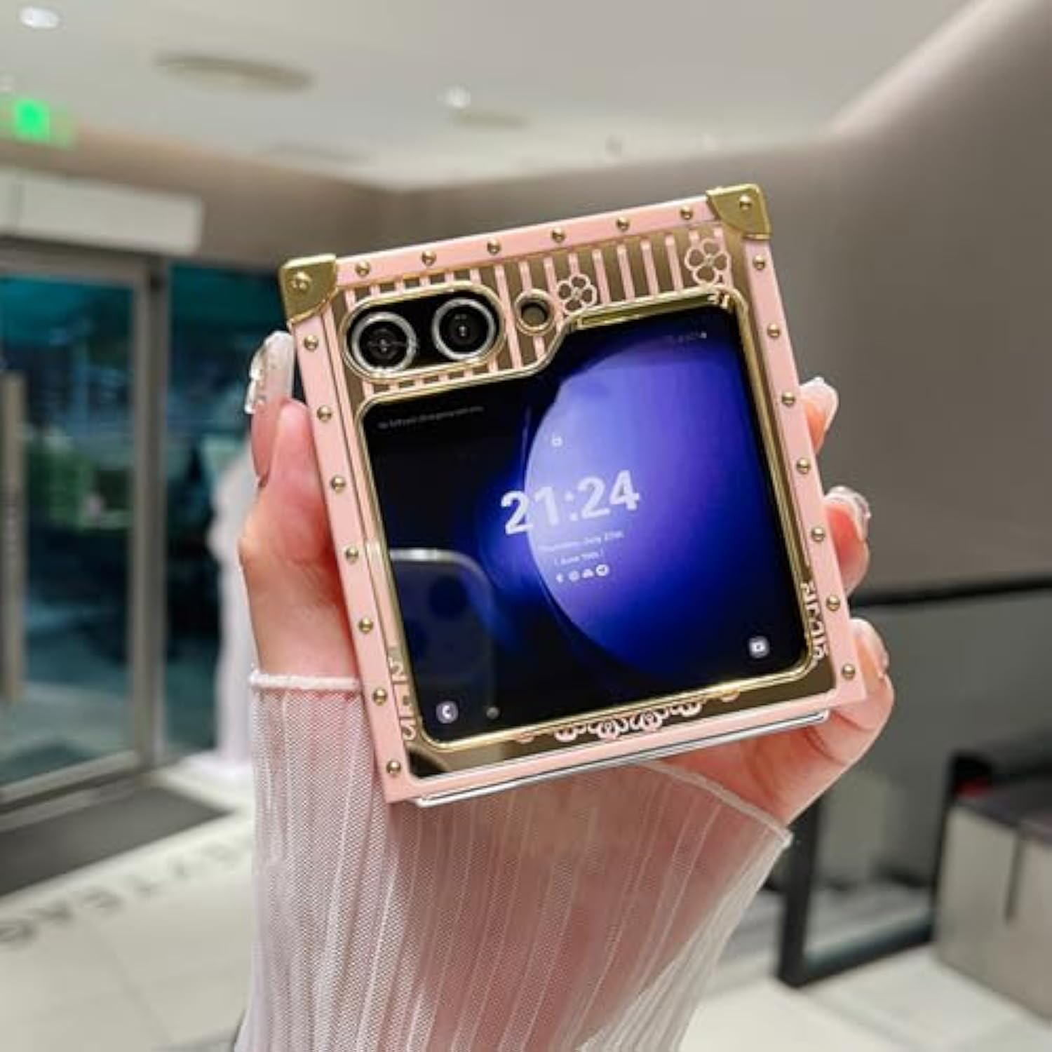 Auroicyy For Samsung Galaxy Z Flip 6 Case With Kickstand, Glitter Foldable Bling Butterfly Stand Mirror Back Gold Plated Shockproof Protective Elegant Cute Woman Girly Soft Cover For Z Flip 6 (Pink)