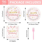 96 Pieces Pink Birthday Tableware Set For Pink Rose Gold Birthday Table Decorations Supplies Birthday Dessert Plates Napkins Forks Women Birthday Disposable Party Favors 24 Guests