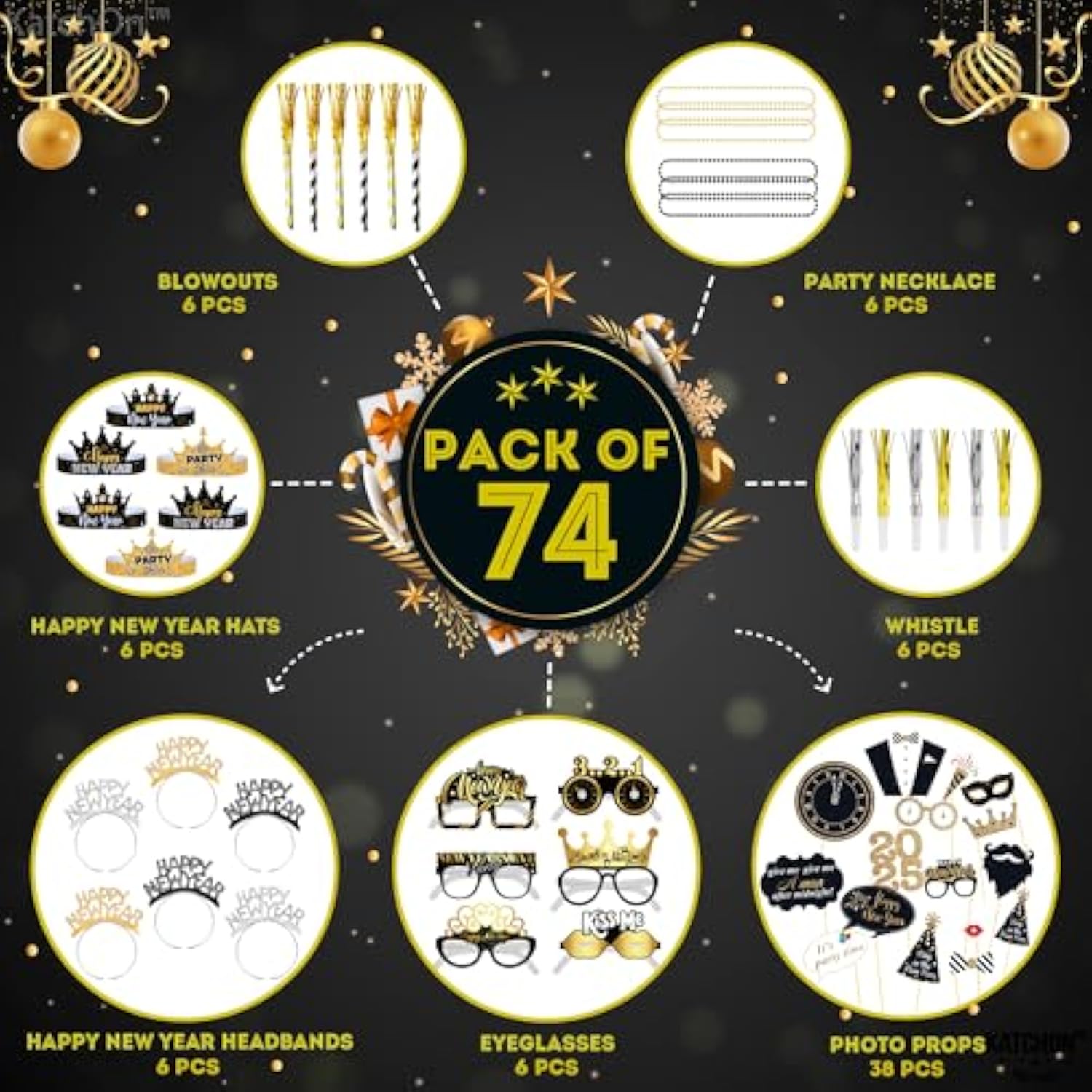 74pc New Year Party Favors 2026 Photo Props, Hats, & Noise Makers