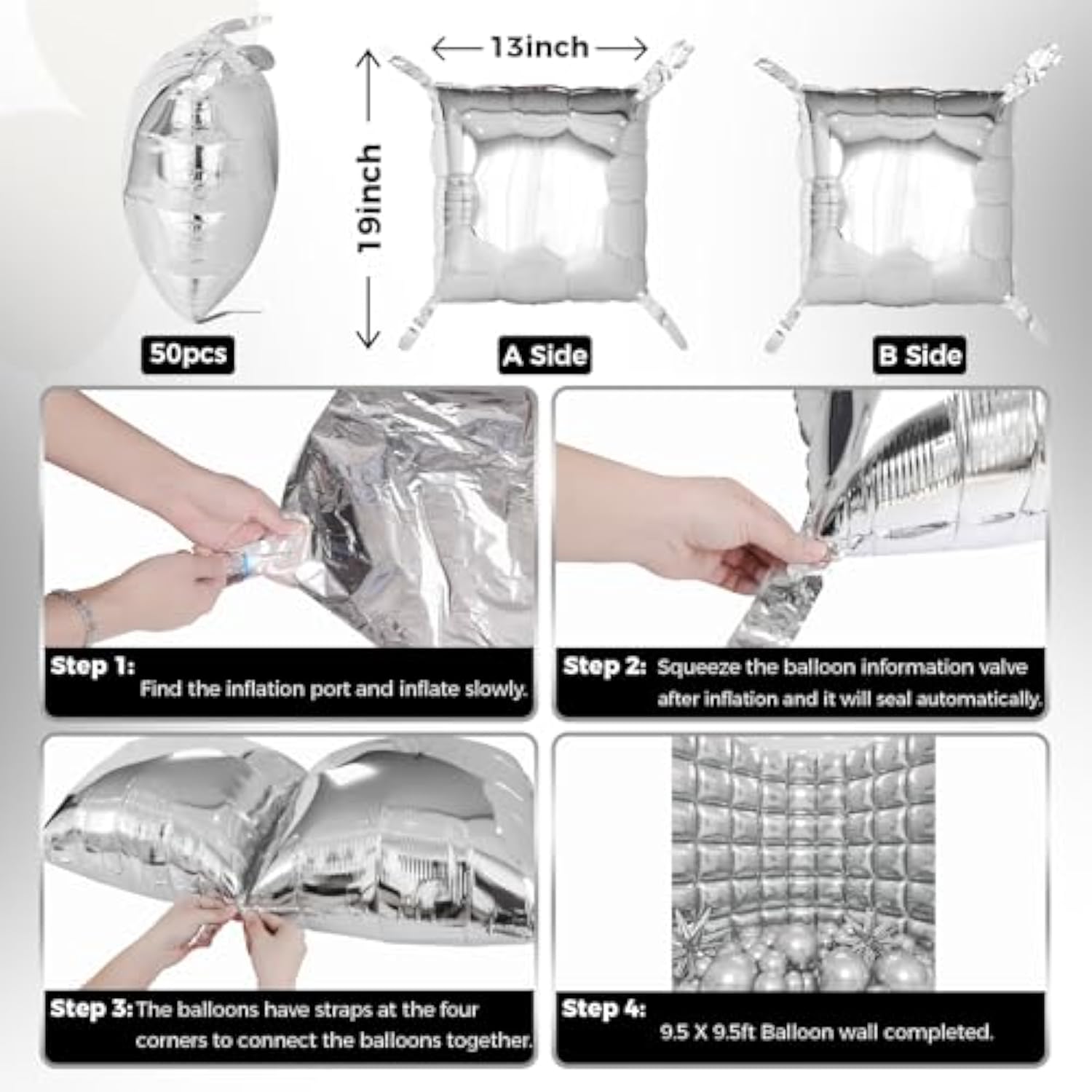 129pcs Metallic Silver Square & Garland Balloons Kit for Party Backdrop Decor