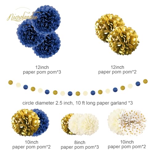 15 PCS Navy Blue Gold Tissue Paper Pom Poms for Men Birthday