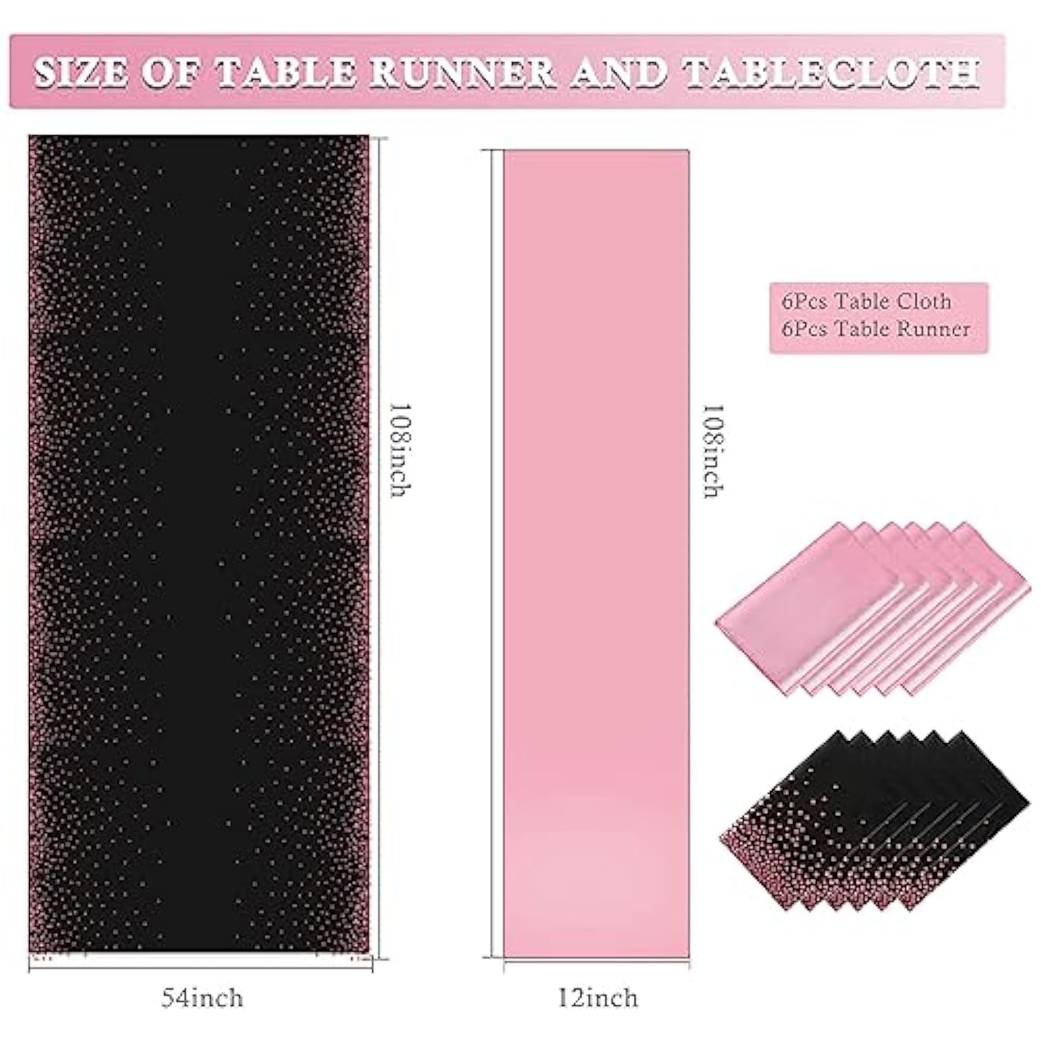 12 Pack Disposable Plastic Tablecloths And Satin Table Runner Set,54 X 108 Inch Black And Rose Gold Dot Tablecloth 12 X 108 Inch Table Runner For Wedding Birthday Christmas Anniversary