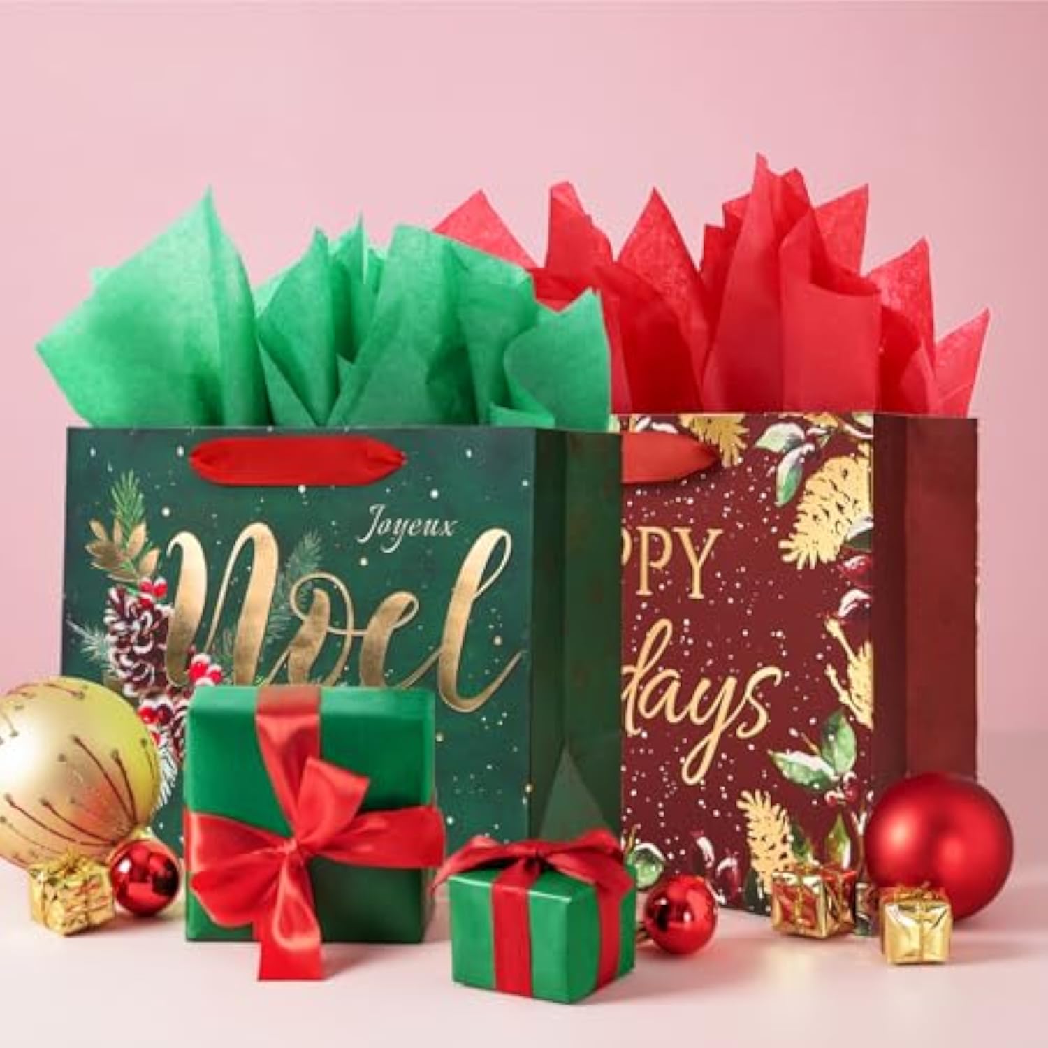 12Pcs Red Green Metallic Gold Christmas Gift Bags Bulk, Medium 9X7 In, Gilded Xmas Tree Noel Gift Wrap Bags, Mistletoe Foiled Paper Favor Bag Gift Packaging For Thanksgiving Holiday New