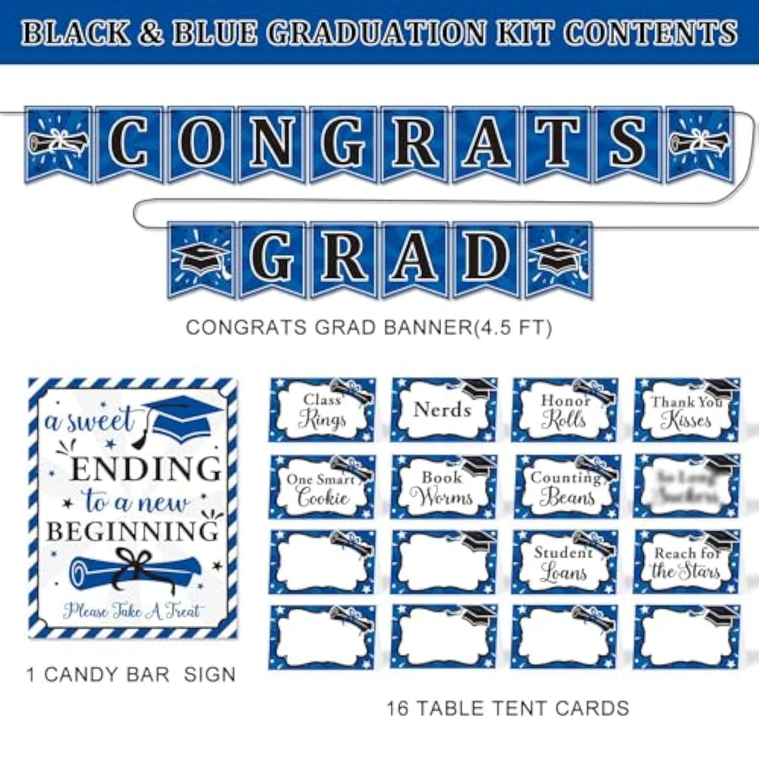 18 Pcs Graduation Candy Bar Dessert Buffet Decoration-A Sweet Ending To A New Beginning Sign Blue Congrats Grad Banner Food Labels Dessert Table Party Favor Ideas Supplies Navy Blue